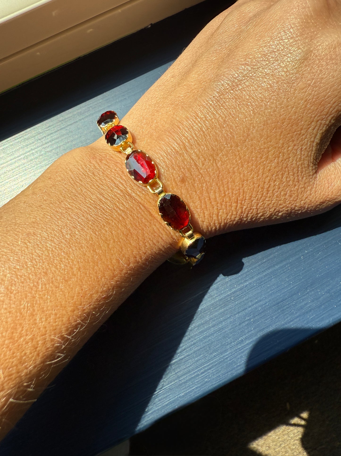 Vintage French Perpignan GARNET Riviere Eternity Bracelet 18k Gold Large Oval Bezel Set Rose Cut Closed Back Glowing Crimson Red Riviera