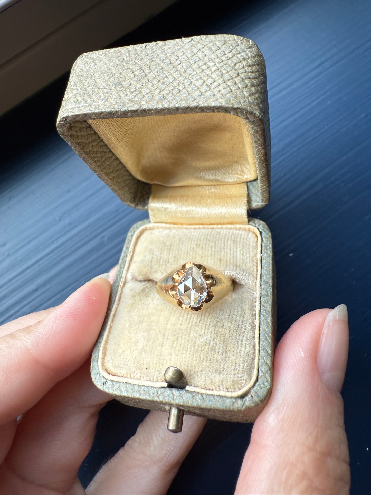 Special PEAR Open Back Rose Cut DIAMOND Original Antique Solitiare 18k Gold Buttercup Belcher Glowing Setting