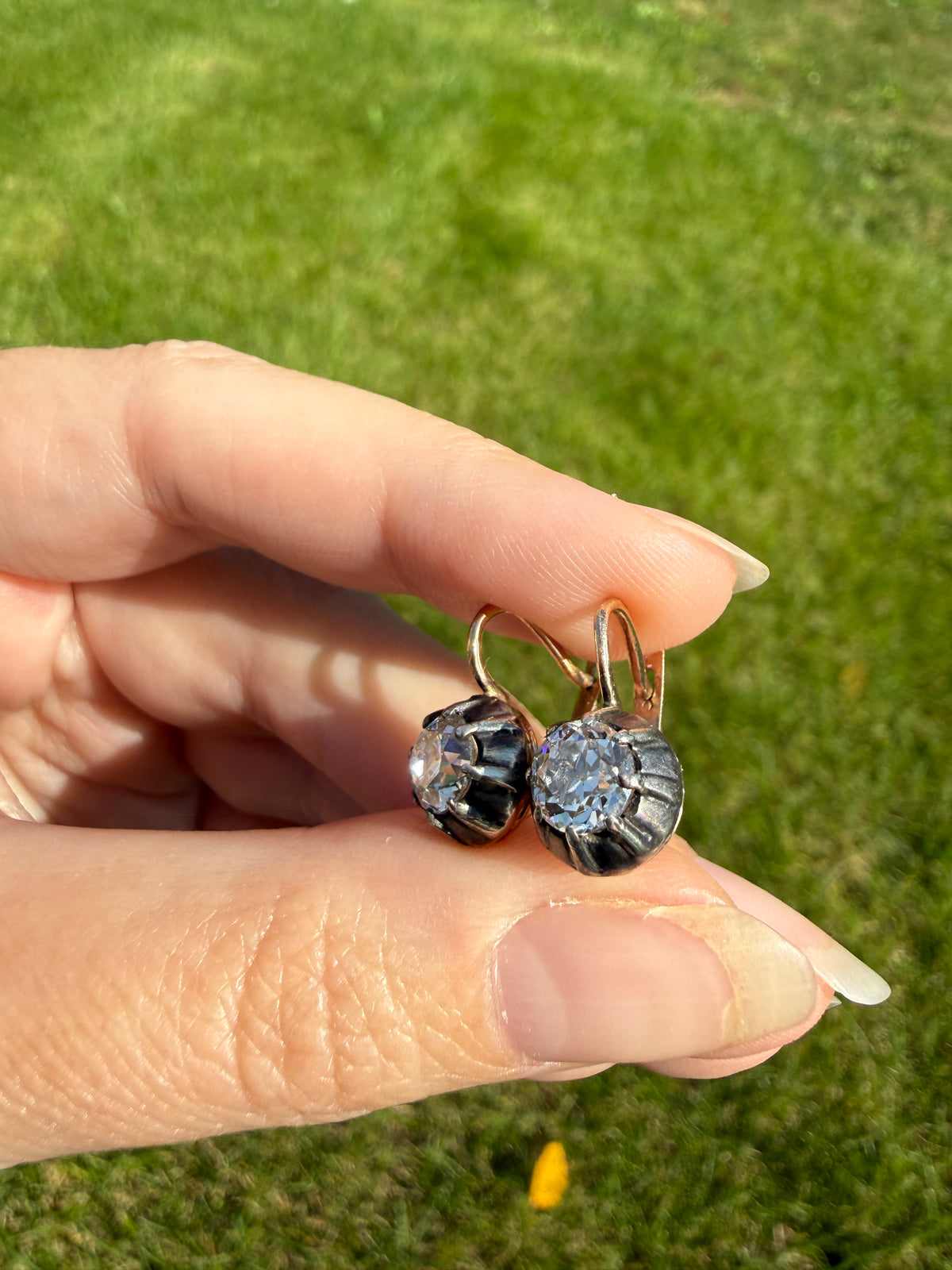 Original Antique Two Carats Tdw Natural Old Mine Cut Diamond Earrings 14k Gold Silver Collets Victorian Dangle Dormeuse Gift 2Ctw