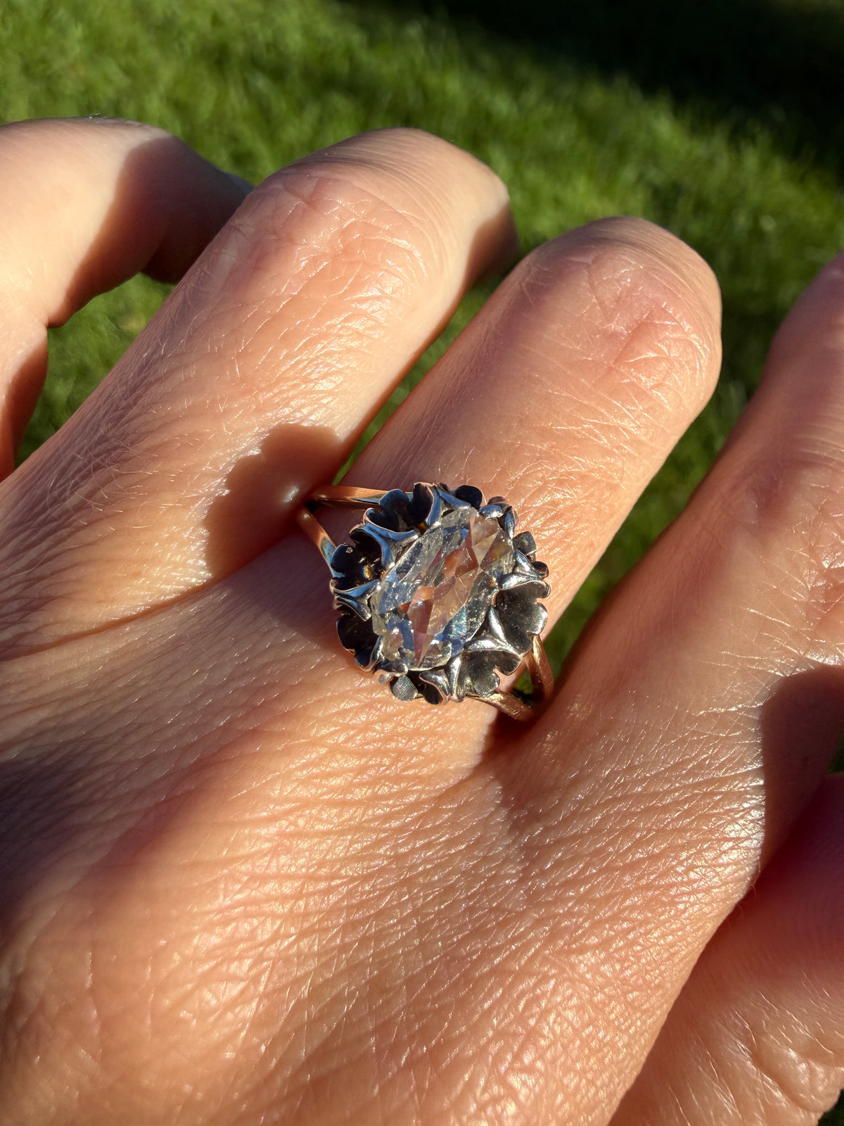 ANTIQUE Elongated Old Mine Cut Oval DIAMOND Silver Star Prong Basket Setting in 10k Gold Unique Buttercup Victorian .6 to 1.2 Ct.