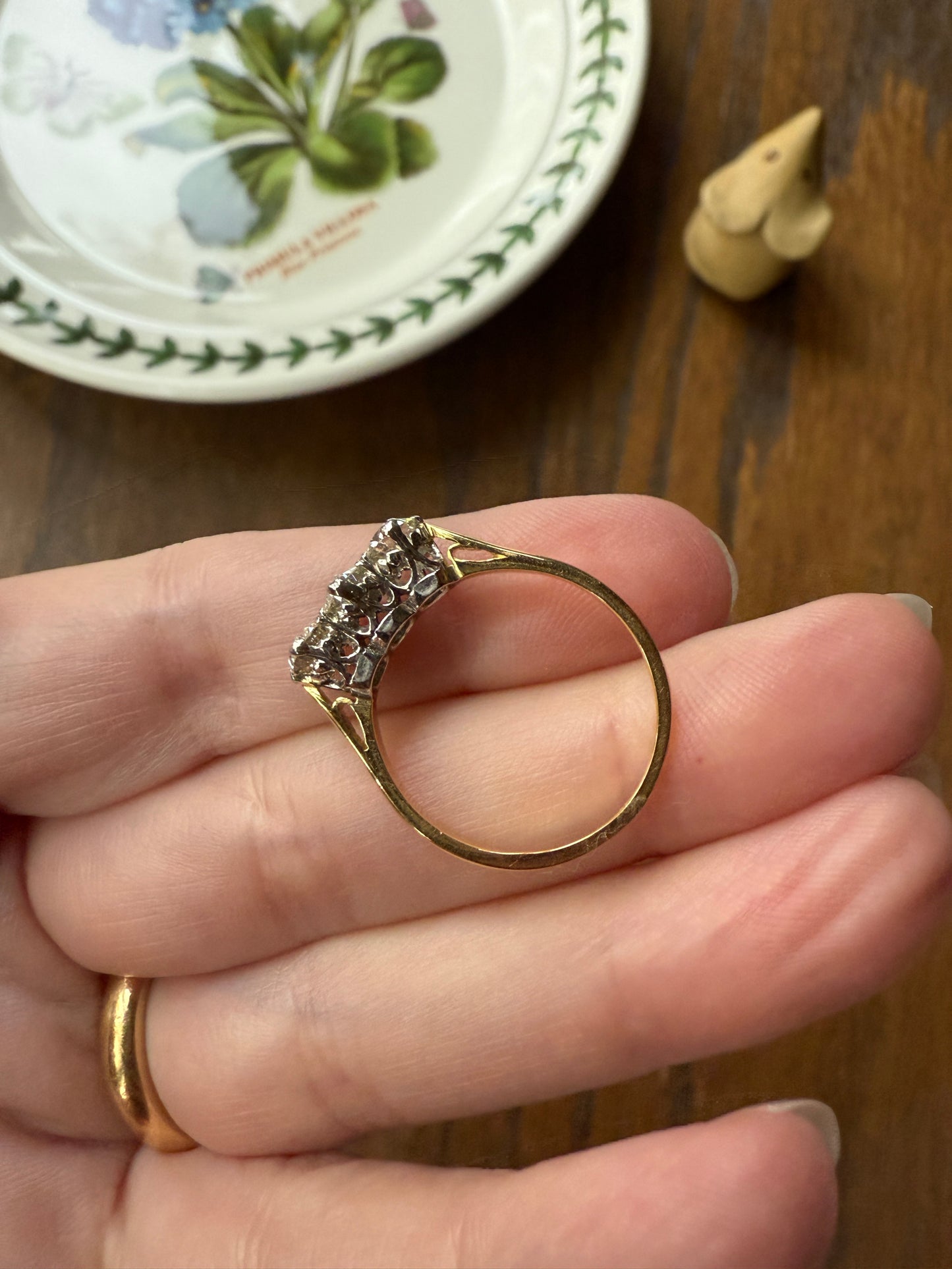 Antique One Carat Transitional Cut DIAMOND Three Stone Ring Prong Set Stacker Trilogy 18k Gold Platinum