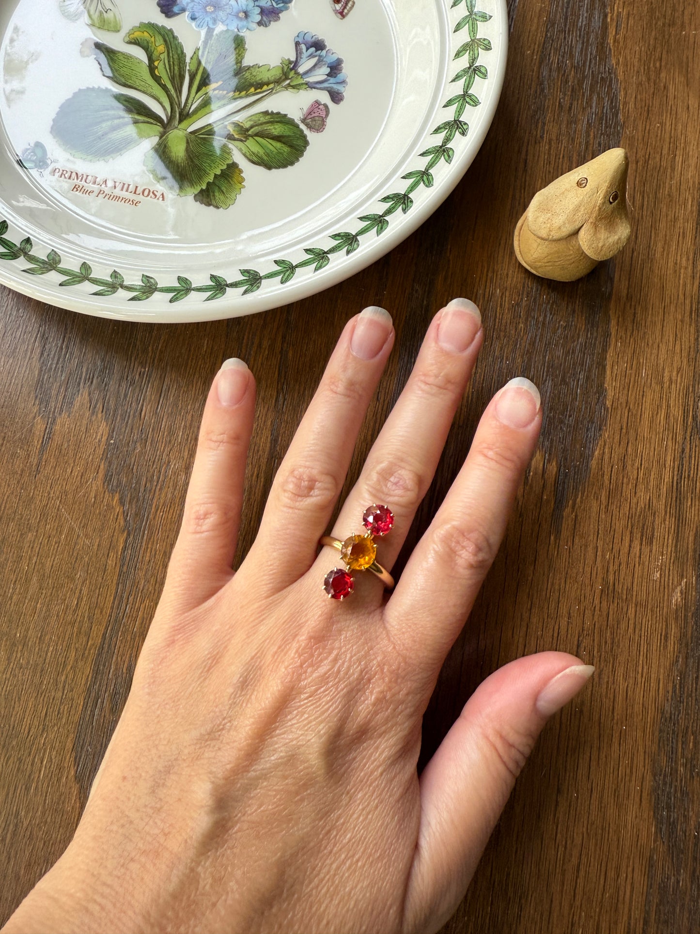 Dated 1924 Old Cut Antique Paste Three Stone Yellow & Red Crown Prong Setting 18k Gold Engraved Colorful Ringstack French Art Deco