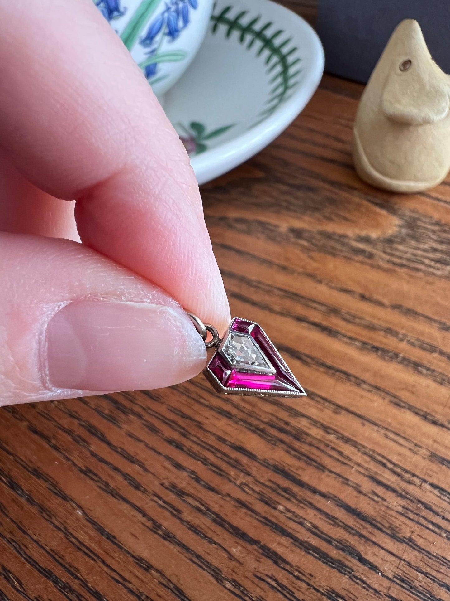 PENTAGON Antique RARE 5 Sided Kite Lozenge Old Cut DIAMOND 18k White Gold Eye Clean Pendant Art Deco Pink Ruby Halo One of Kind Gift Charm