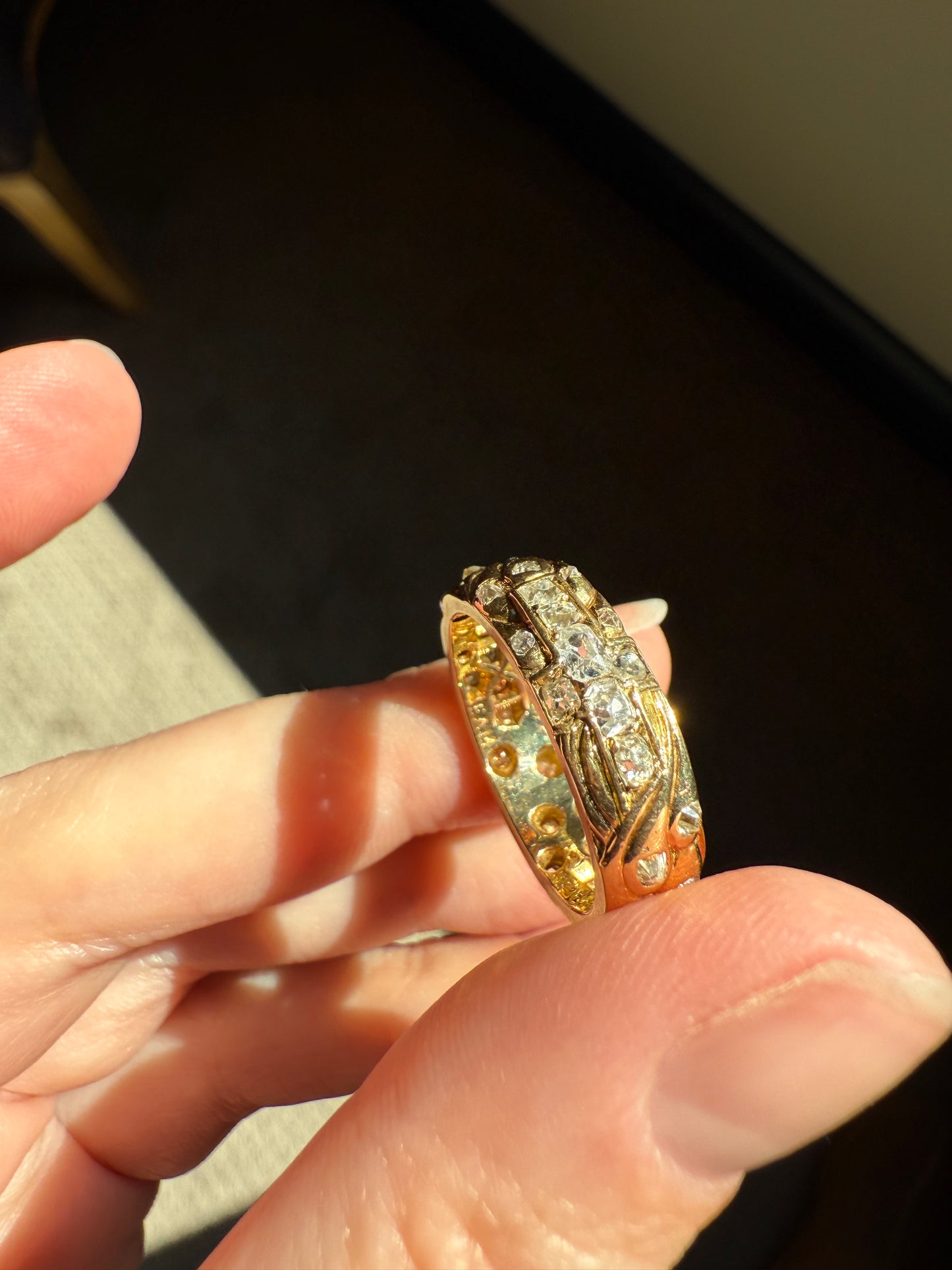HEAVY One of a Kind Chunky Elongated 1.5ctw Old Mine Cut DIAMOND Encrusted Eternity Band French c1939 Ring 9.6g 18k Gold Anniversary? Dated