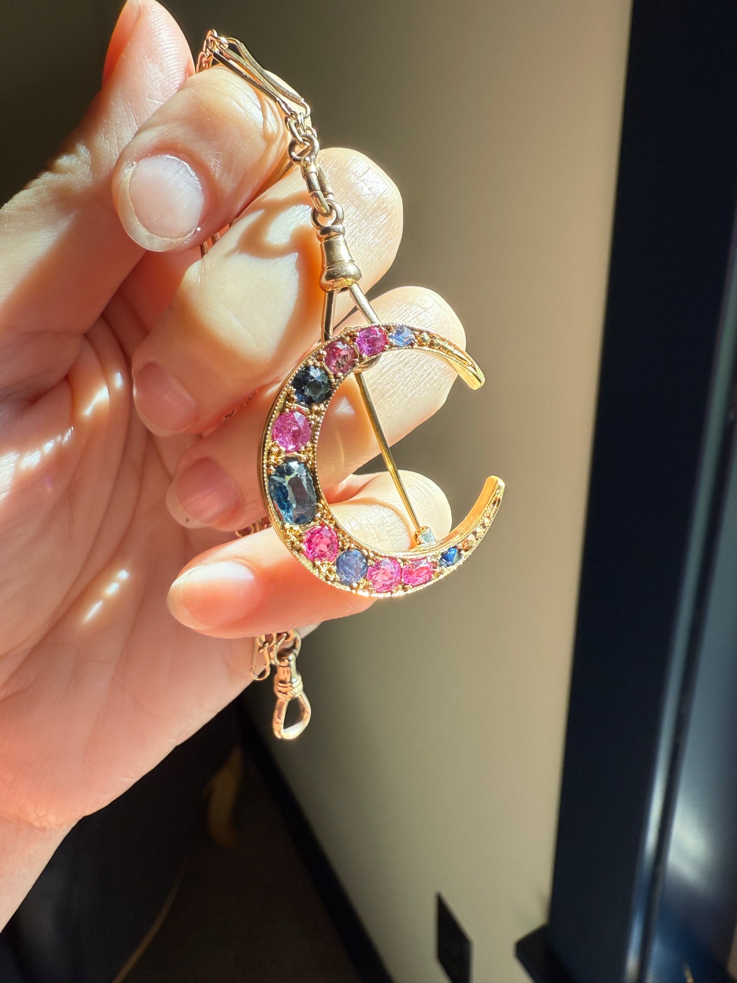 MOON Alternating Pink & Blue SAPPHIRE French Victorian ANTIQUE Pin Brooch for Pendant Romantic Gift Victorian