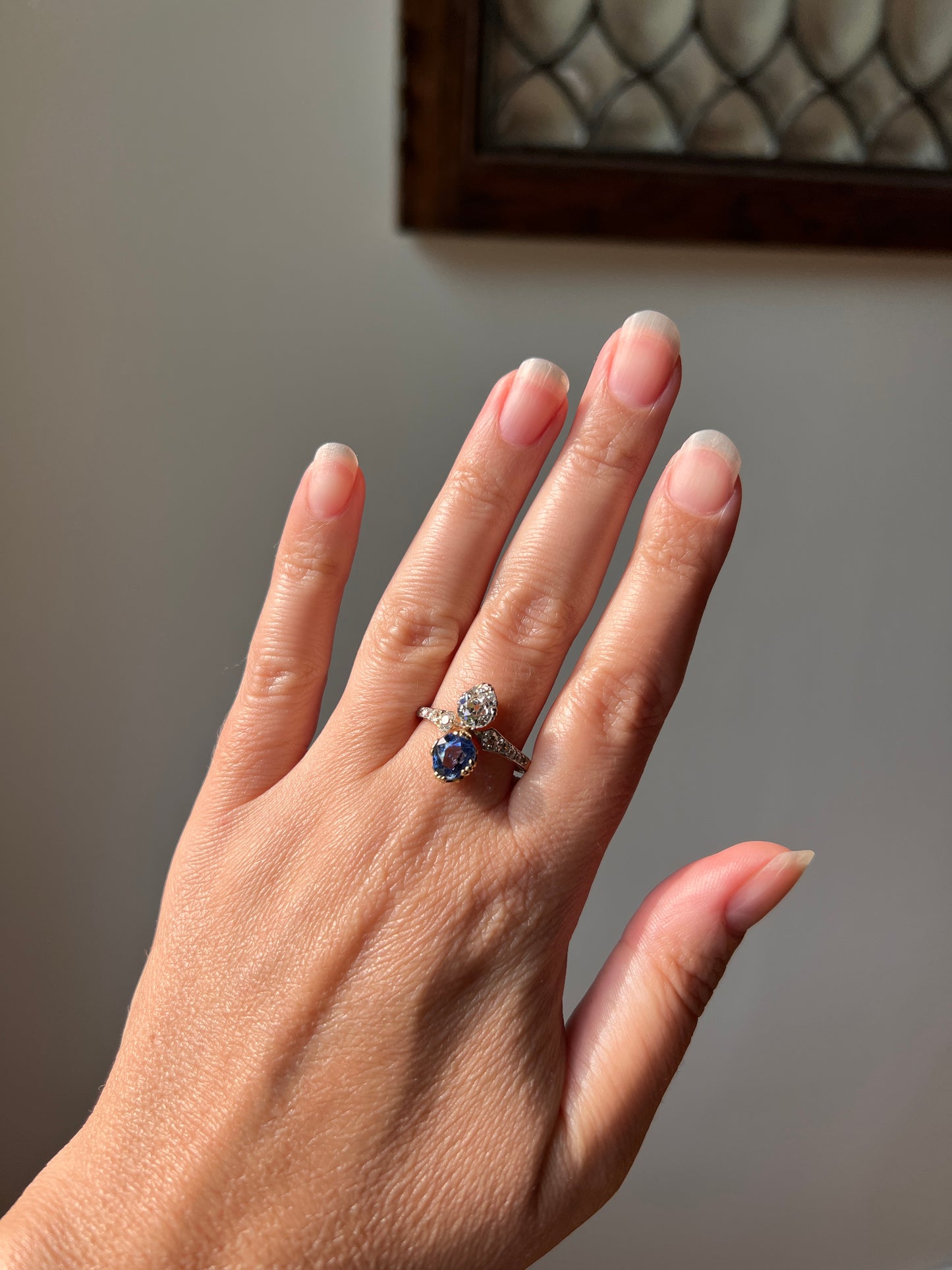 Antique No Heat PEAR Natural Ceylon SAPPHIRE Old Mine Cut DIAMOND Toi et Moi Ring 1 Carat Tdw French 18k Gold Platinum Ring