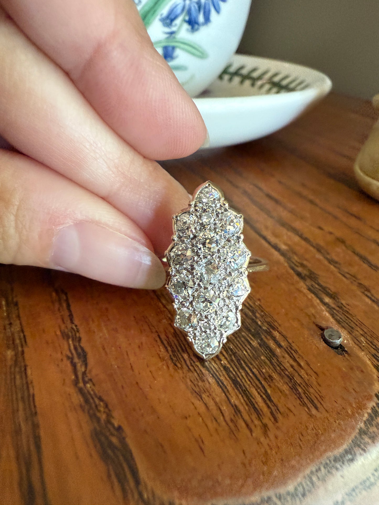 TALL Unique 2.3 Carat Old Mine Cut DIAMOND Navette Cluster Ring French Vintage 18k White Gold Demi Bezel Halo Cobblestone Texture 2.3Ctw OMC