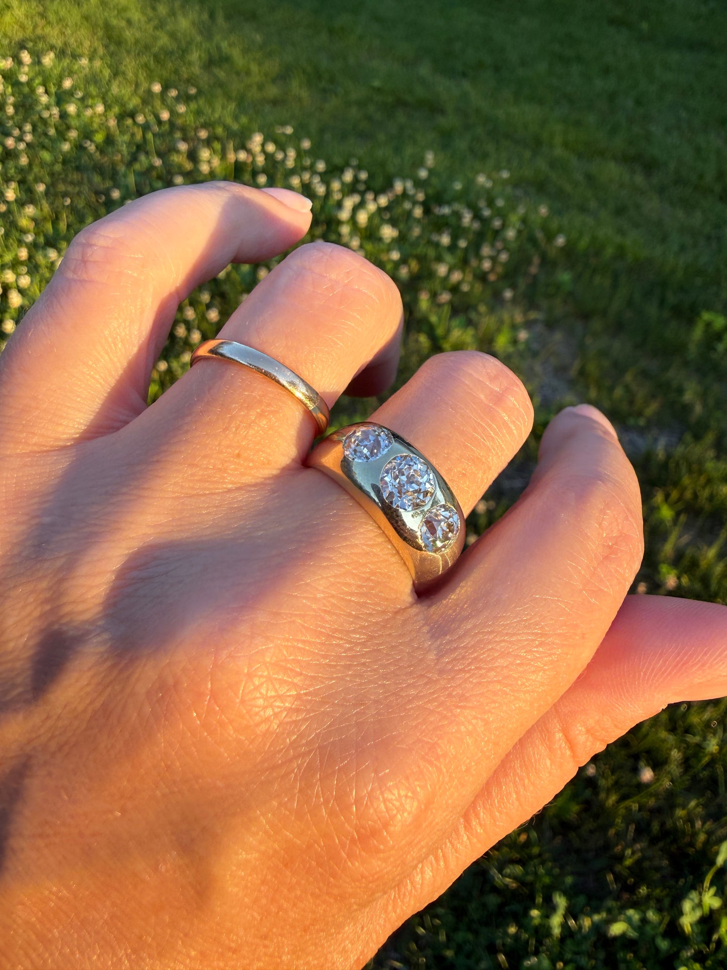 HEAVY Antique 2.4 Carats Natural Old Mine Cut Diamond Three Stone Gypsy Band 10.1g 14k Gold Stacker Ring Man Unisex Chunky