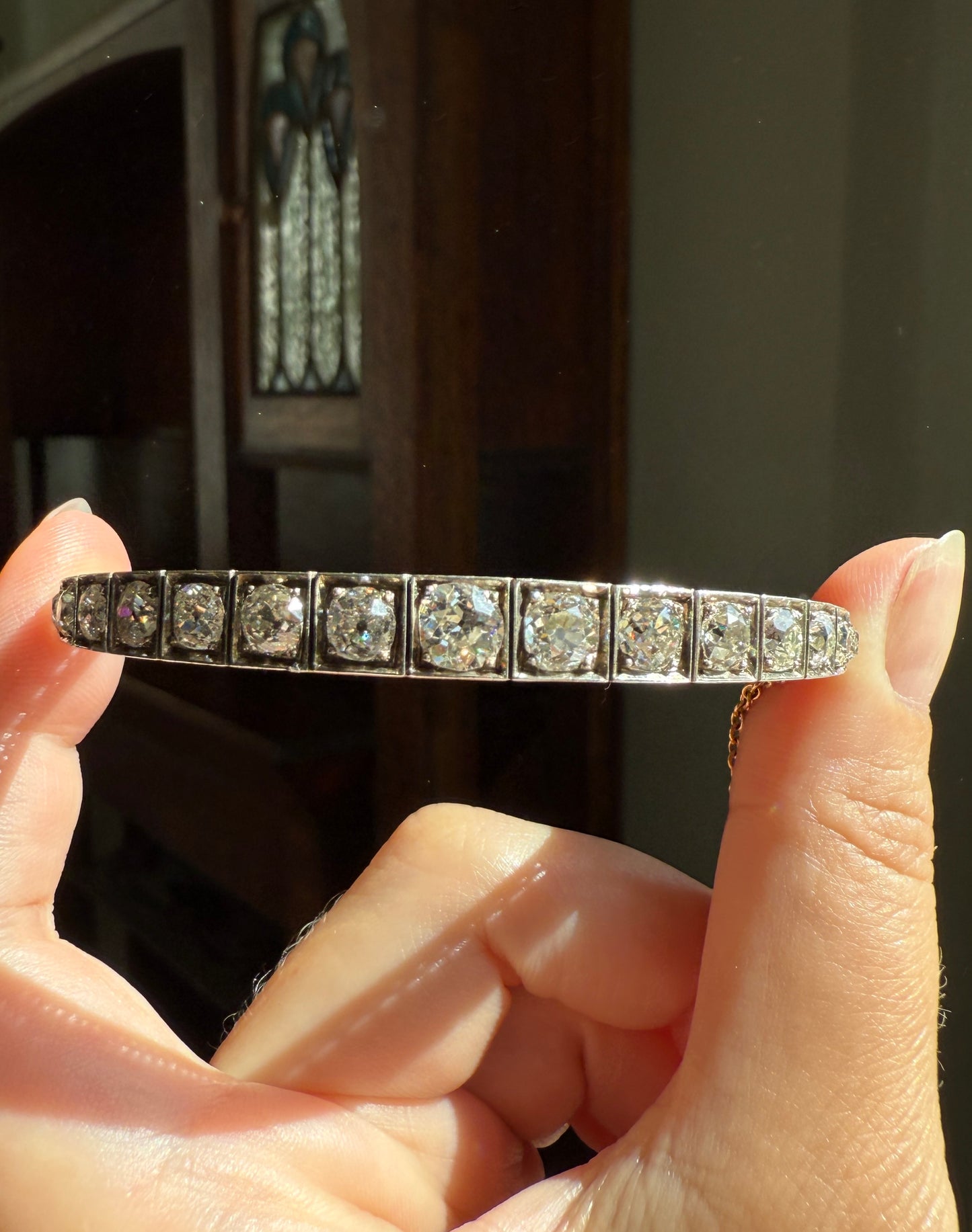 Antique 6.5 CARAT Old Mine Cut DIAMOND Hinged Bangle Line Bracelet 18k Gold Silver Top
