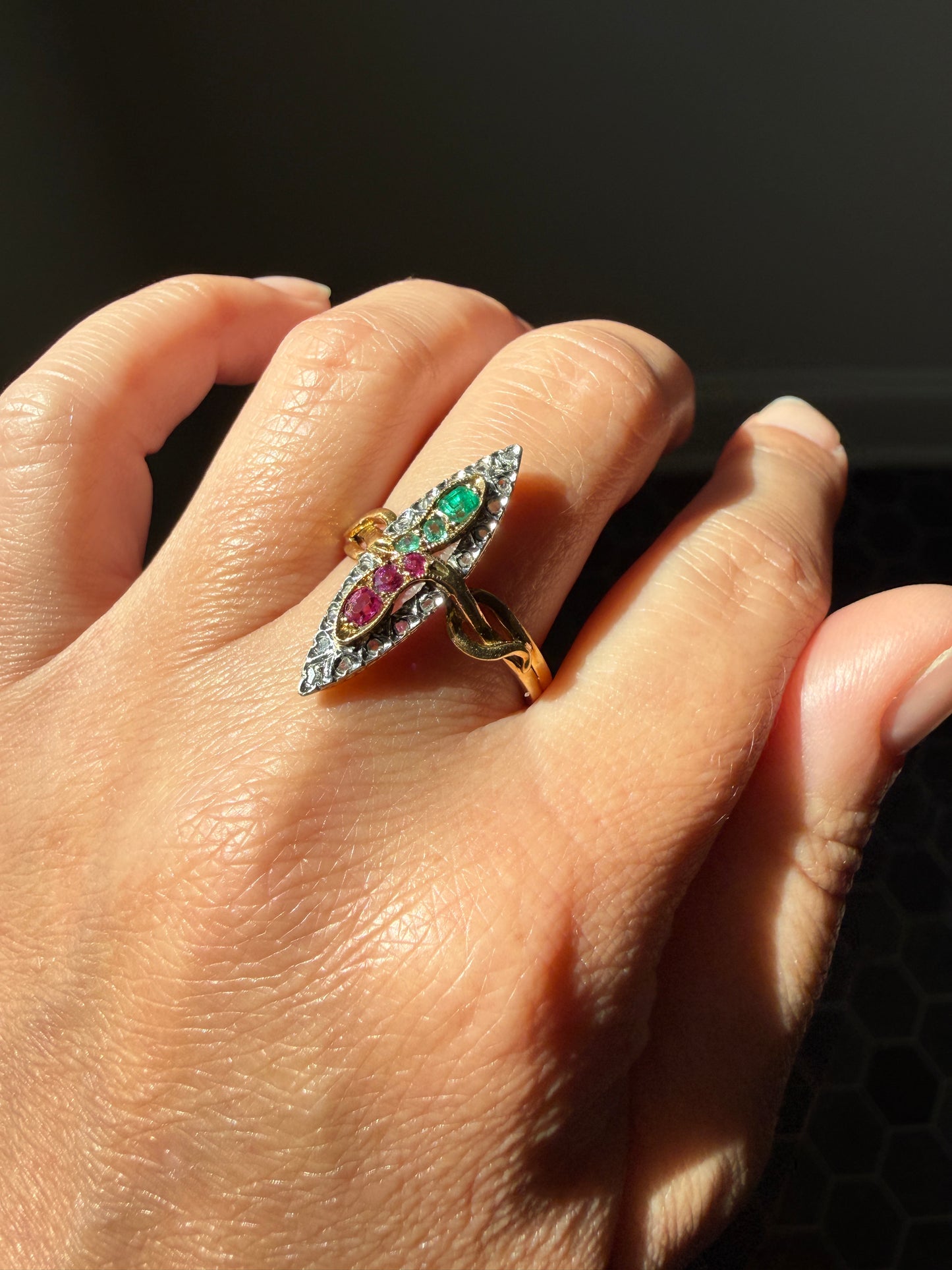 Double SNAKES Antique Ring Natural Ruby Emerald Rose Cut DIAMOND Halo Navette Ring 18k Gold Platinum Red Green Victorian Love Gift