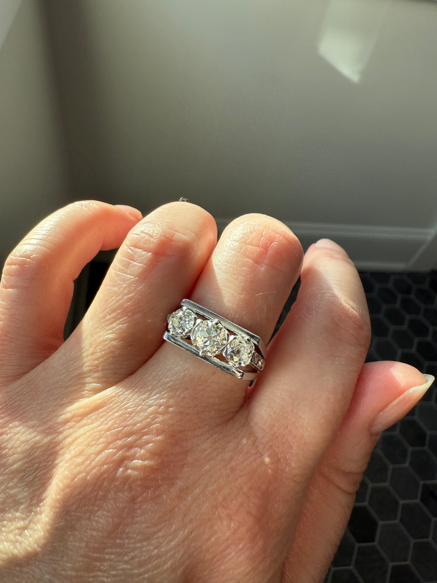 Three Stone Antique 1.75 Carat Old Mine Cut DIAMOND Chunky Tank Geometric Wrap Ring 14k White Gold Platinum Squared Band Stacker