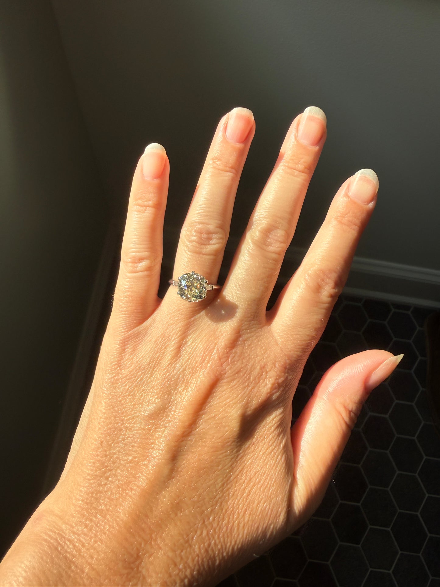 Chunky Vintage Four Carat Eye Clean Old Mine Cut Diamond Solitaire Engagement Ring French 18k White Gold Platinum Art Deco Baguette Tall OMC