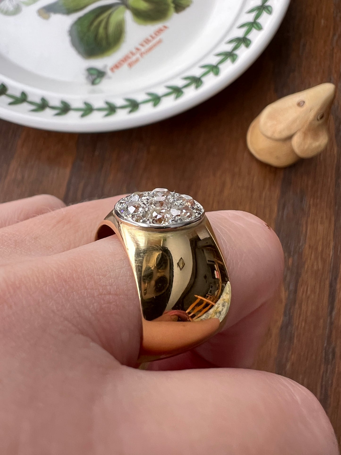 HEAVY 20g 18k Gold Antique CHUNKY 13mm Wide Cigar Band 1.5 CARAT Old Mine Cut DiAMONDS Ring French Cobblestone Oval Cluster