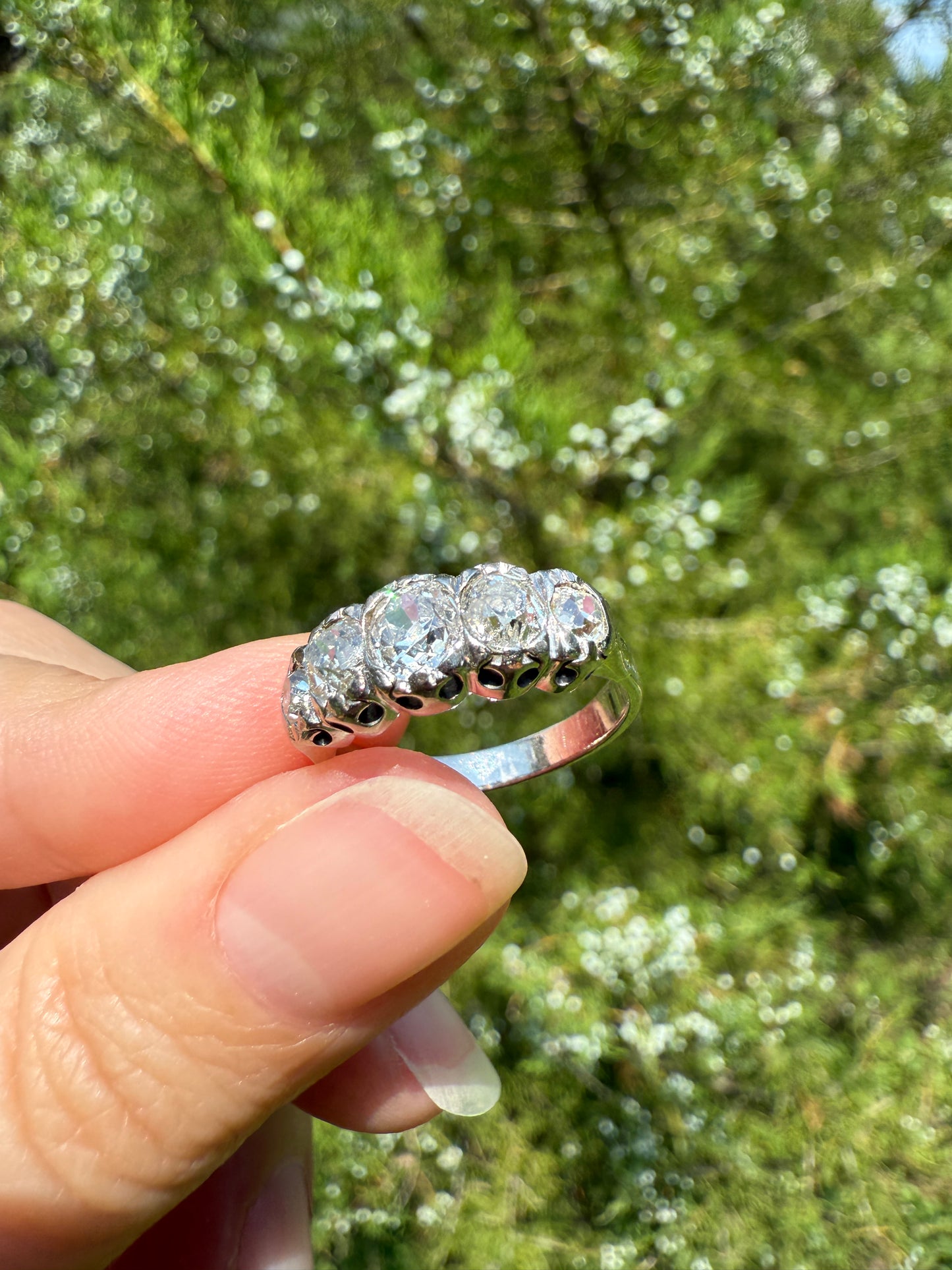 CHUNKY 1.5 Carat Five Stone Old Mine Cut Diamond Band French Antique Platinum Ring Stacker