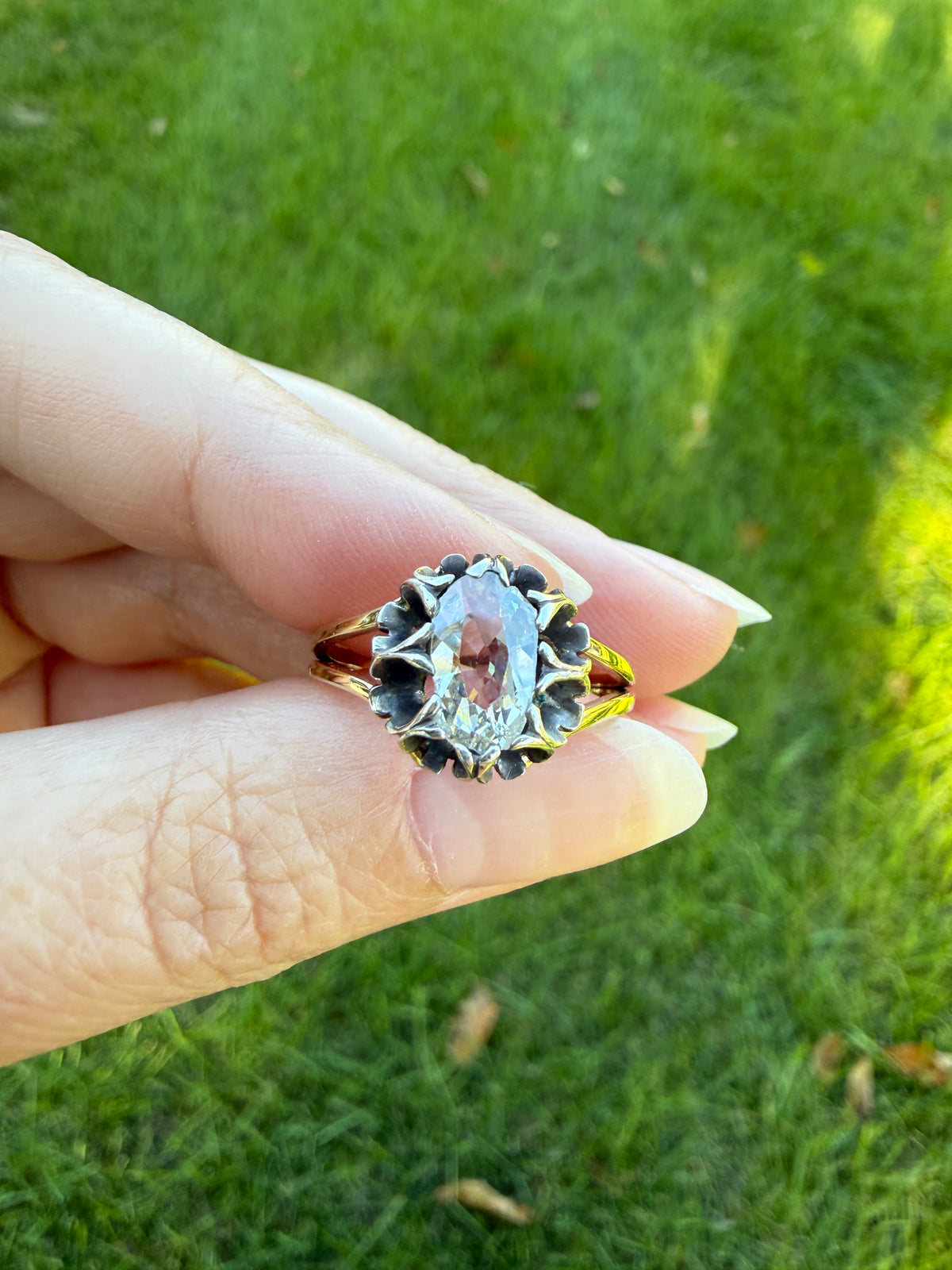 ANTIQUE Elongated Old Mine Cut Oval DIAMOND Silver Star Prong Basket Setting in 10k Gold Unique Buttercup Victorian .6 to 1.2 Ct.
