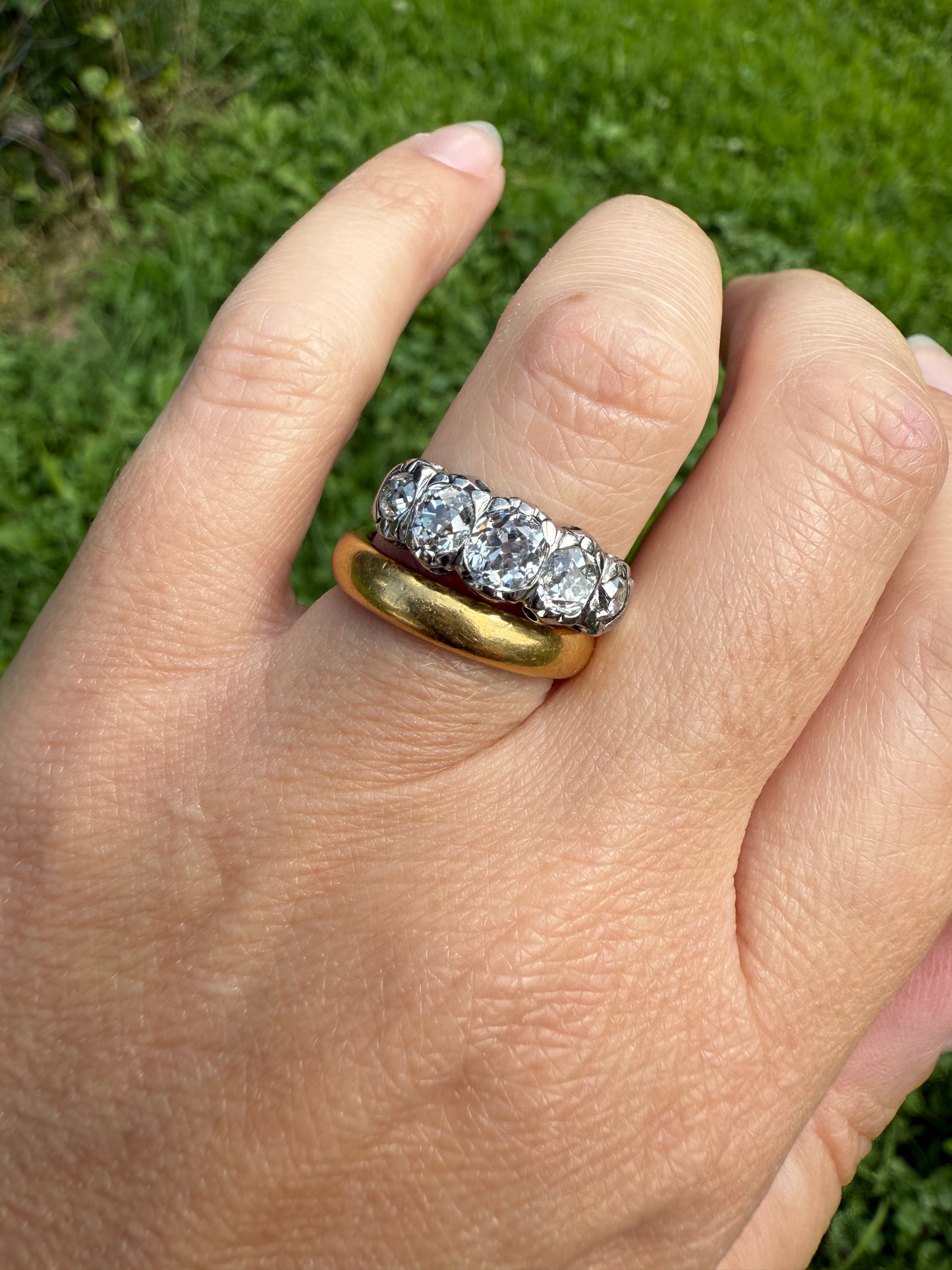 CHUNKY 1.5 Carat Five Stone Old Mine Cut Diamond Band French Antique Platinum Ring Stacker