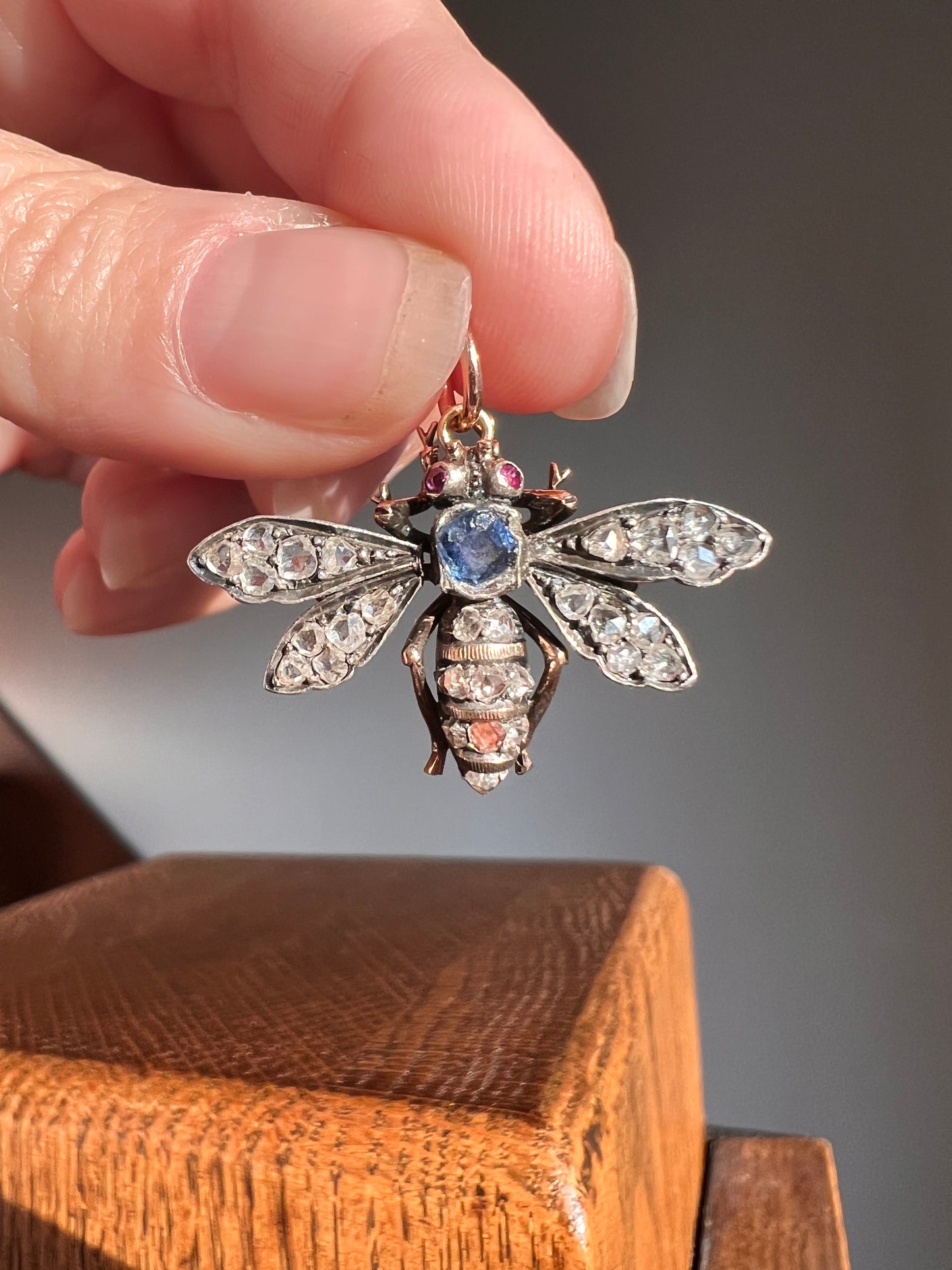 BUG Fly BEE French Antique Victorian Figural Pendant 1 Carat Rose Cut DIAMOND Ruby Sapphire 18k Gold Silver Figural