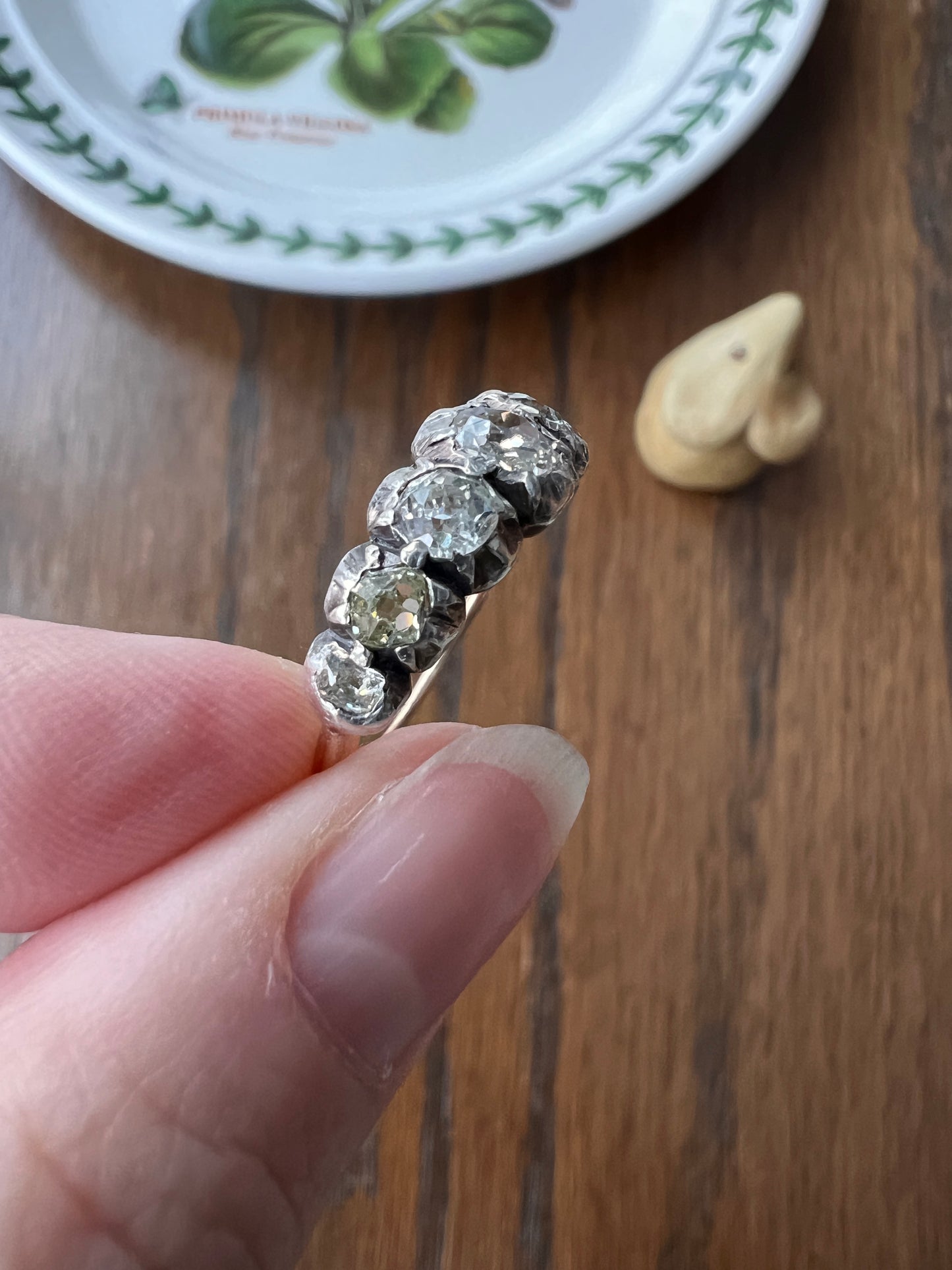 VICTORIAN French ANTIQUE 1.3 Carat Old Mine Cut DIAMOND Seven Stone Half Hoop 18k Gold Silver Collets Stacker Band Open Back