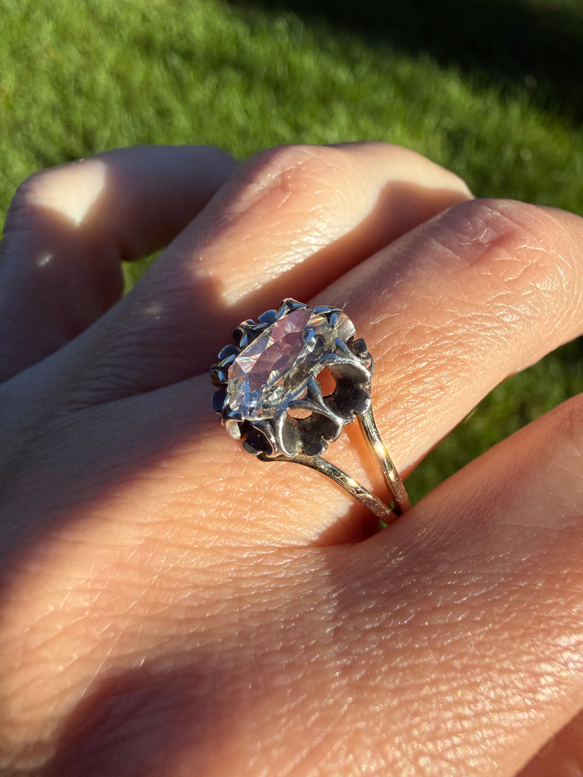 ANTIQUE Elongated Old Mine Cut Oval DIAMOND Silver Star Prong Basket Setting in 10k Gold Unique Buttercup Victorian .6 to 1.2 Ct.