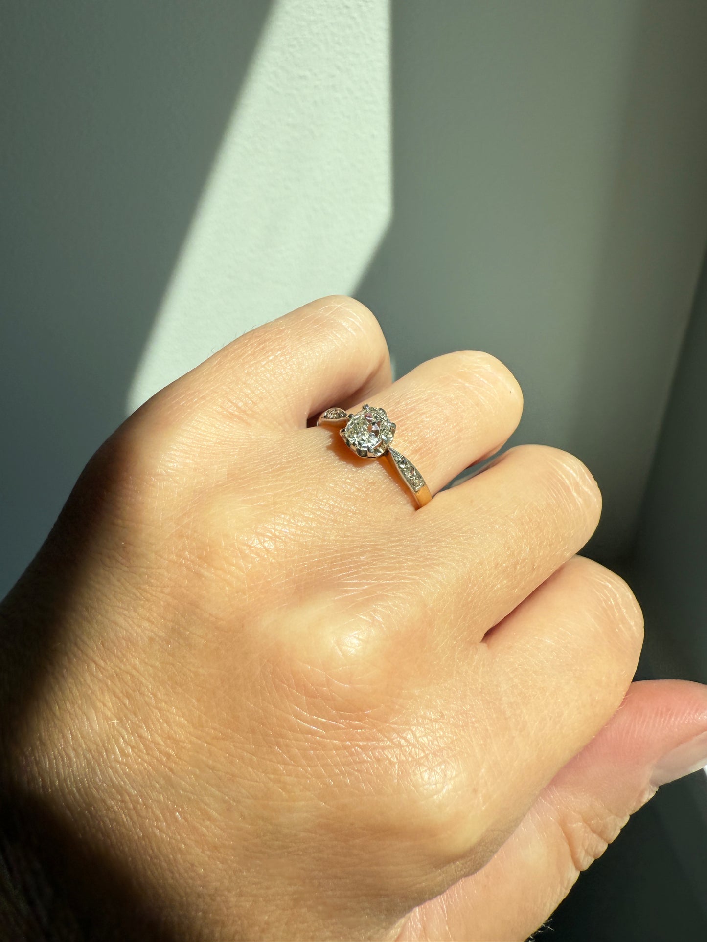 Classic Antique .67 Carat Old Mine Cut Diamond & Rose Cut Accents 18k Gold French Victorian Engagement Ring Solitaire Band Stacker OMC