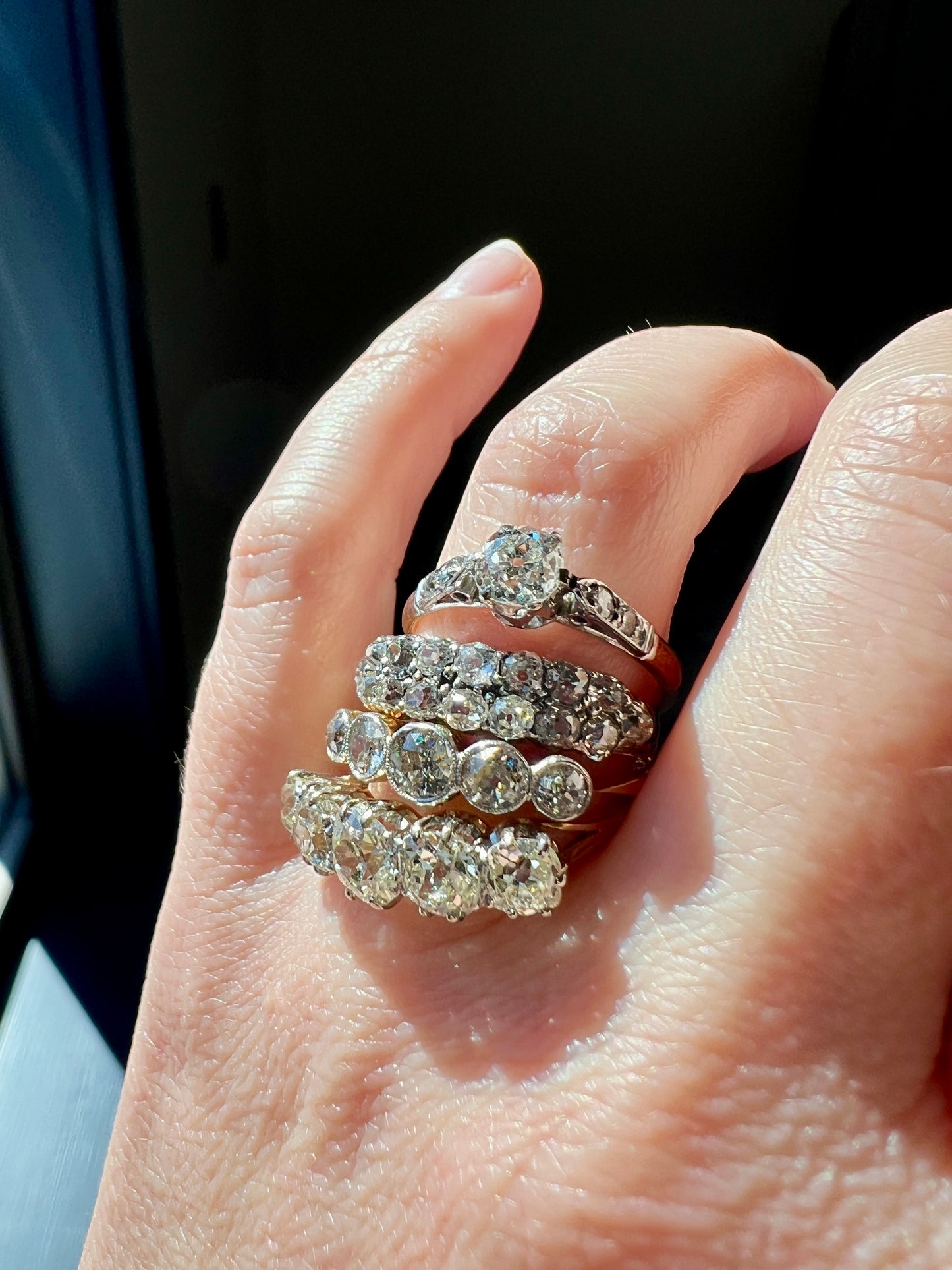 Antique One Carat Champagne White Old Mine Cut DIAMOND 18k Gold Platinum Five Stone Ring Bezel Set Band