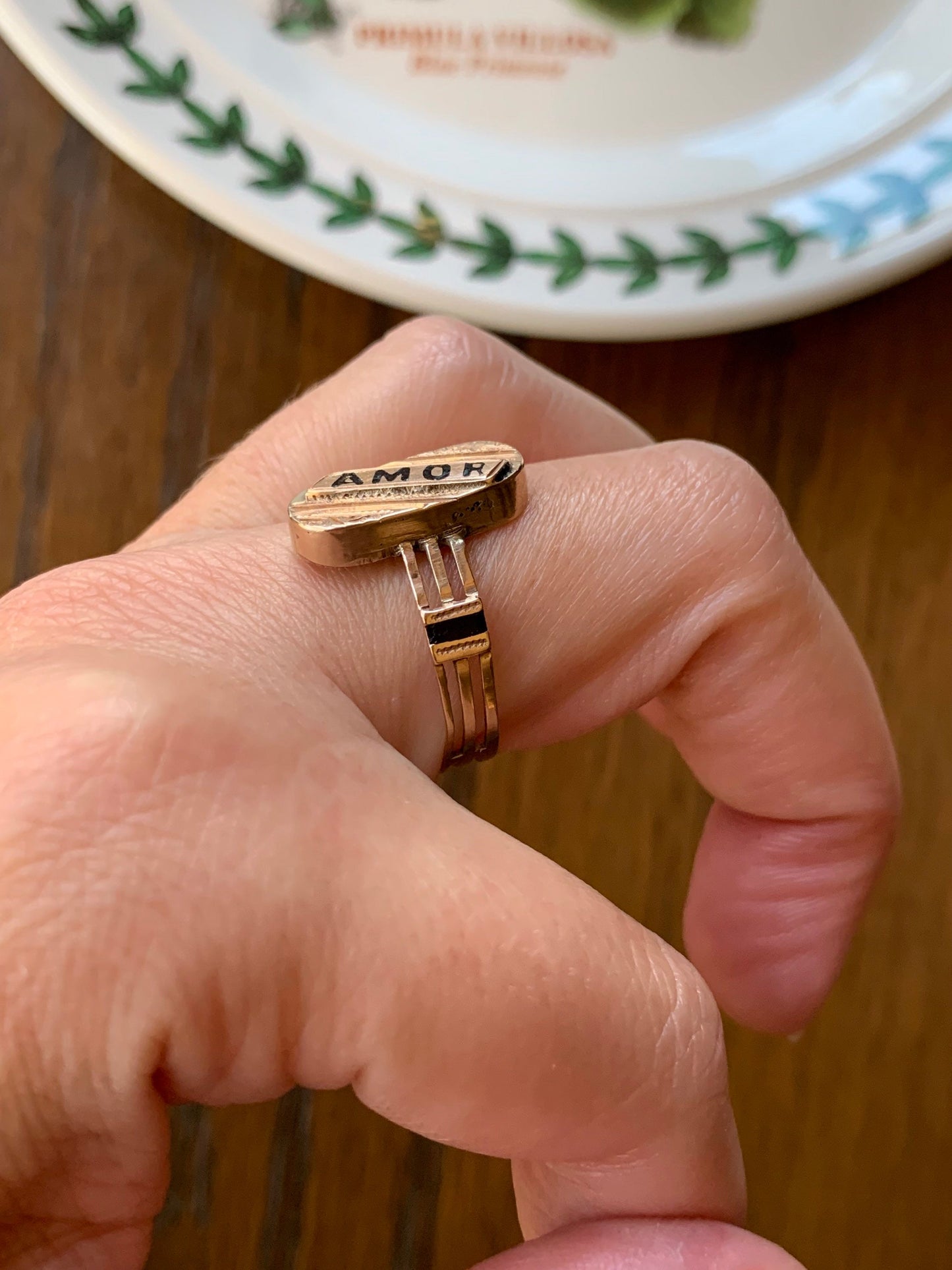 LOVE "Amor" Antique Shield Signet Ring Black Enamel Large Chunky Victorian 14k Gold Oval Romantic Gift Wide line Band Ornate Mourning Etched