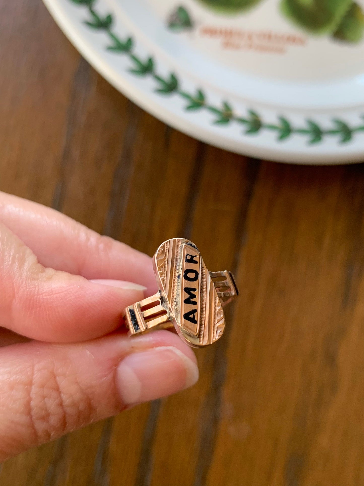 LOVE "Amor" Antique Shield Signet Ring Black Enamel Large Chunky Victorian 14k Gold Oval Romantic Gift Wide line Band Ornate Mourning Etched