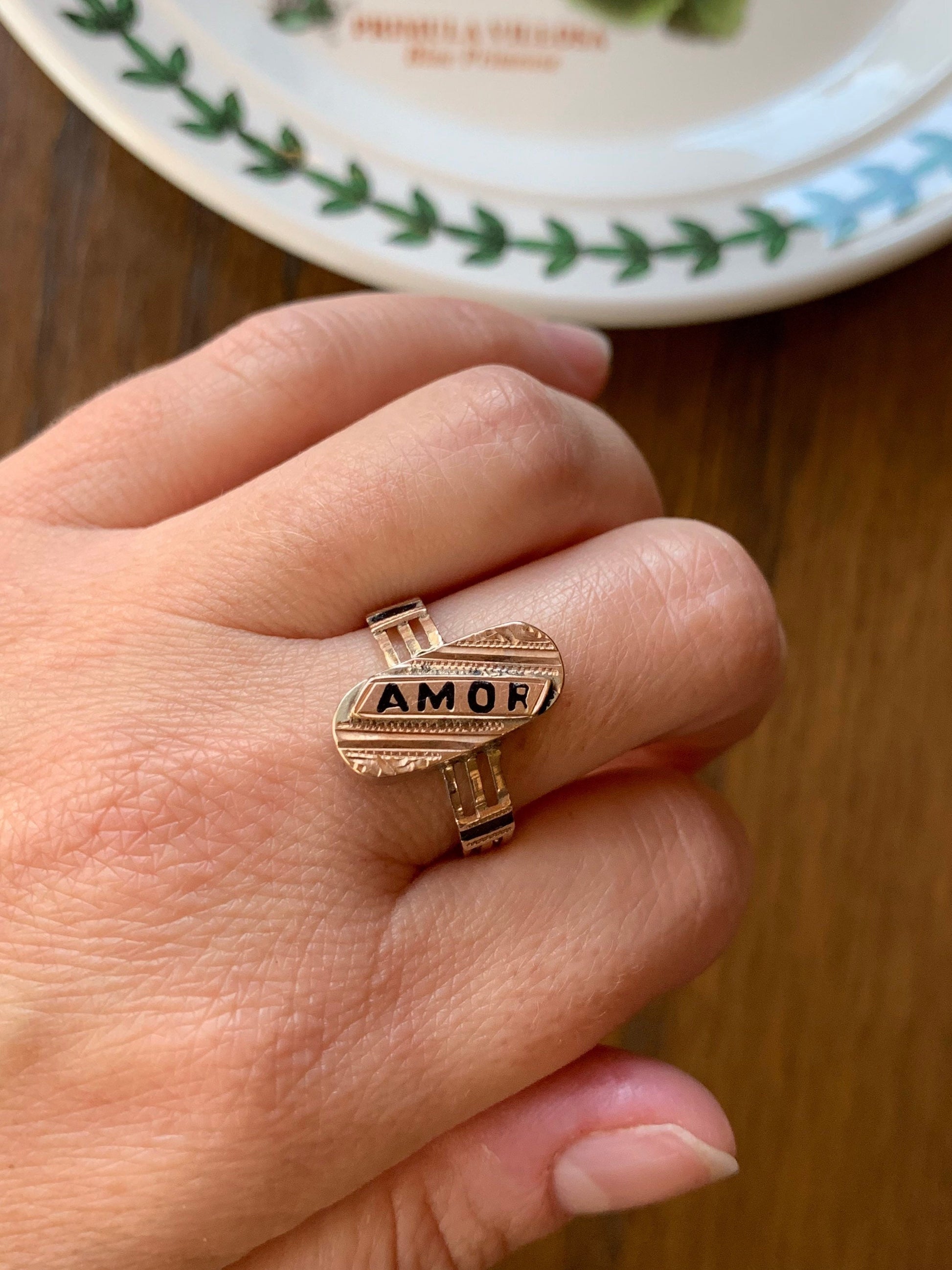 LOVE "Amor" Antique Shield Signet Ring Black Enamel Large Chunky Victorian 14k Gold Oval Romantic Gift Wide line Band Ornate Mourning Etched