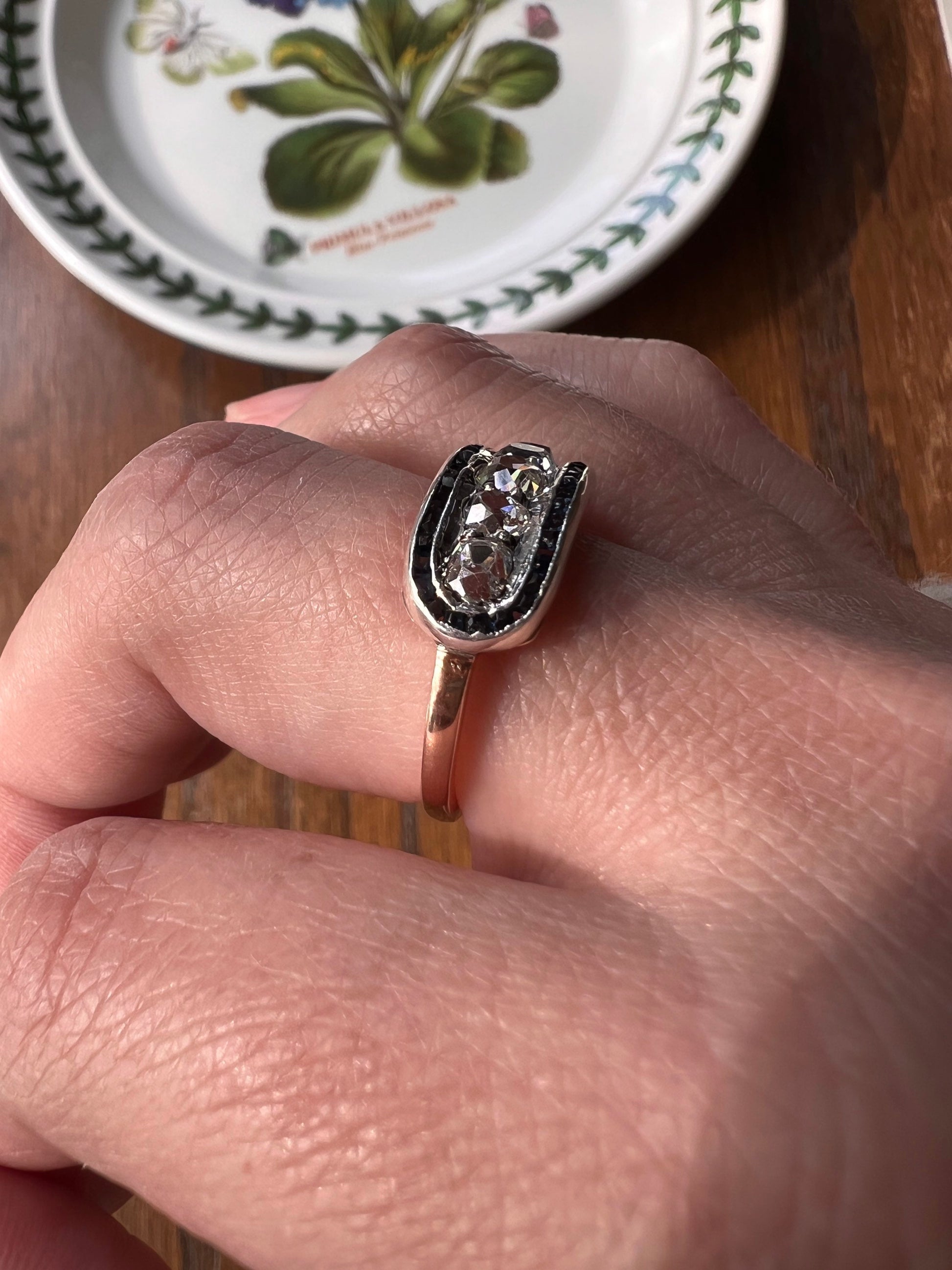 Antique One CARAT Old Mine Cut DiAMOND Five Stone Sapphire East West HALO Ring Carre Square Cut Stacker Band 14k Gold