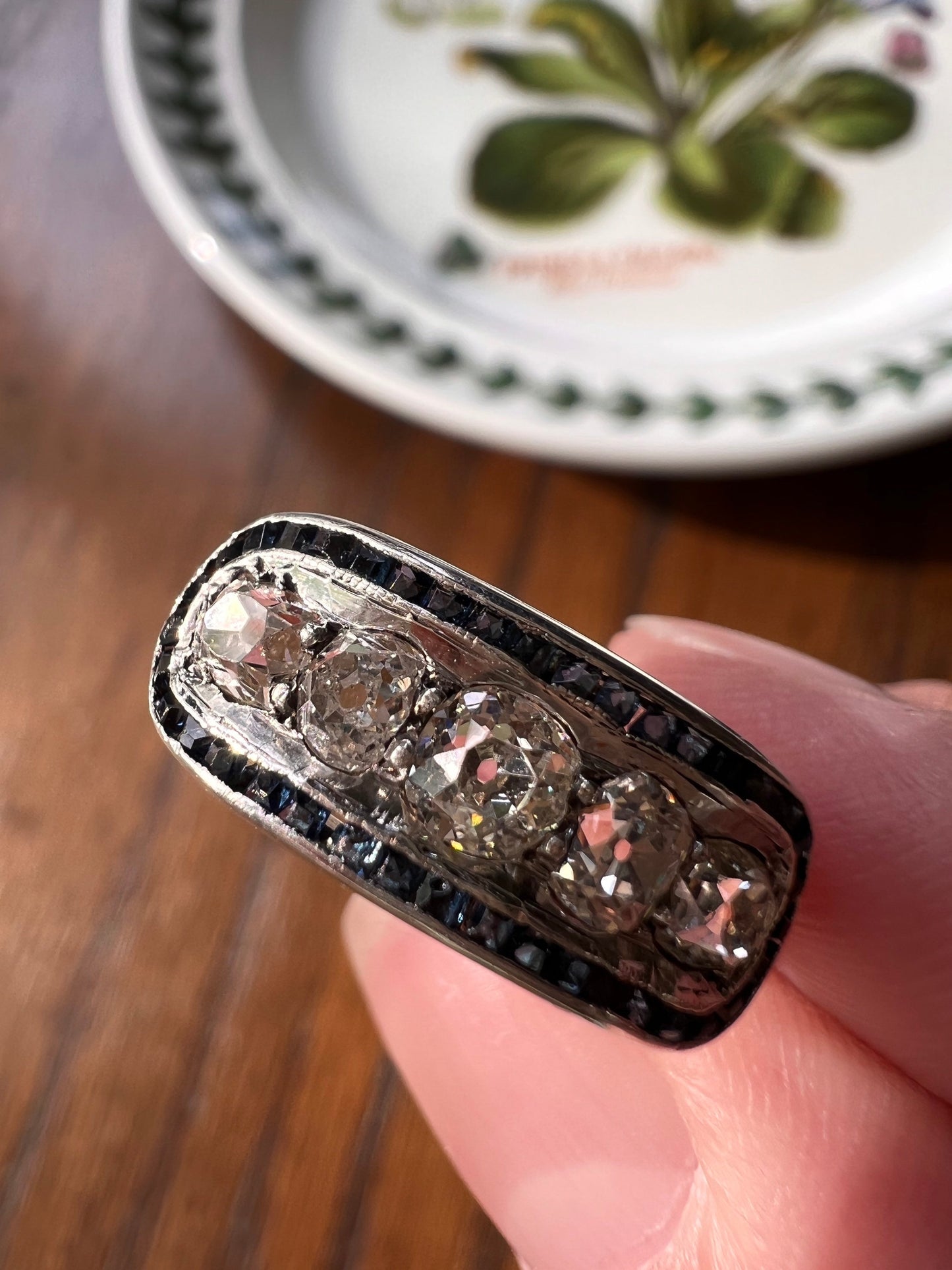 Antique One CARAT Old Mine Cut DiAMOND Five Stone Sapphire East West HALO Ring Carre Square Cut Stacker Band 14k Gold