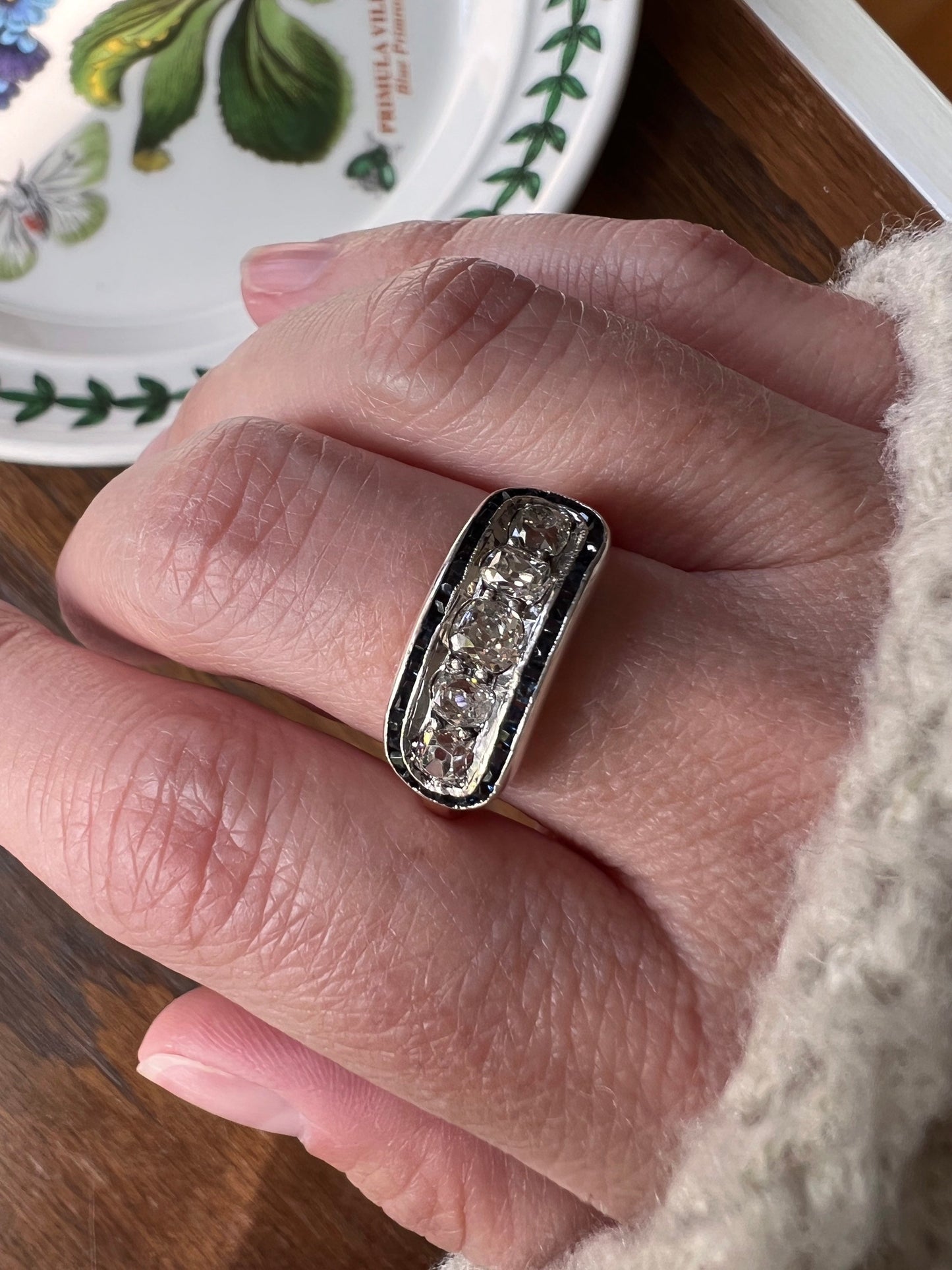 Antique One CARAT Old Mine Cut DiAMOND Five Stone Sapphire East West HALO Ring Carre Square Cut Stacker Band 14k Gold