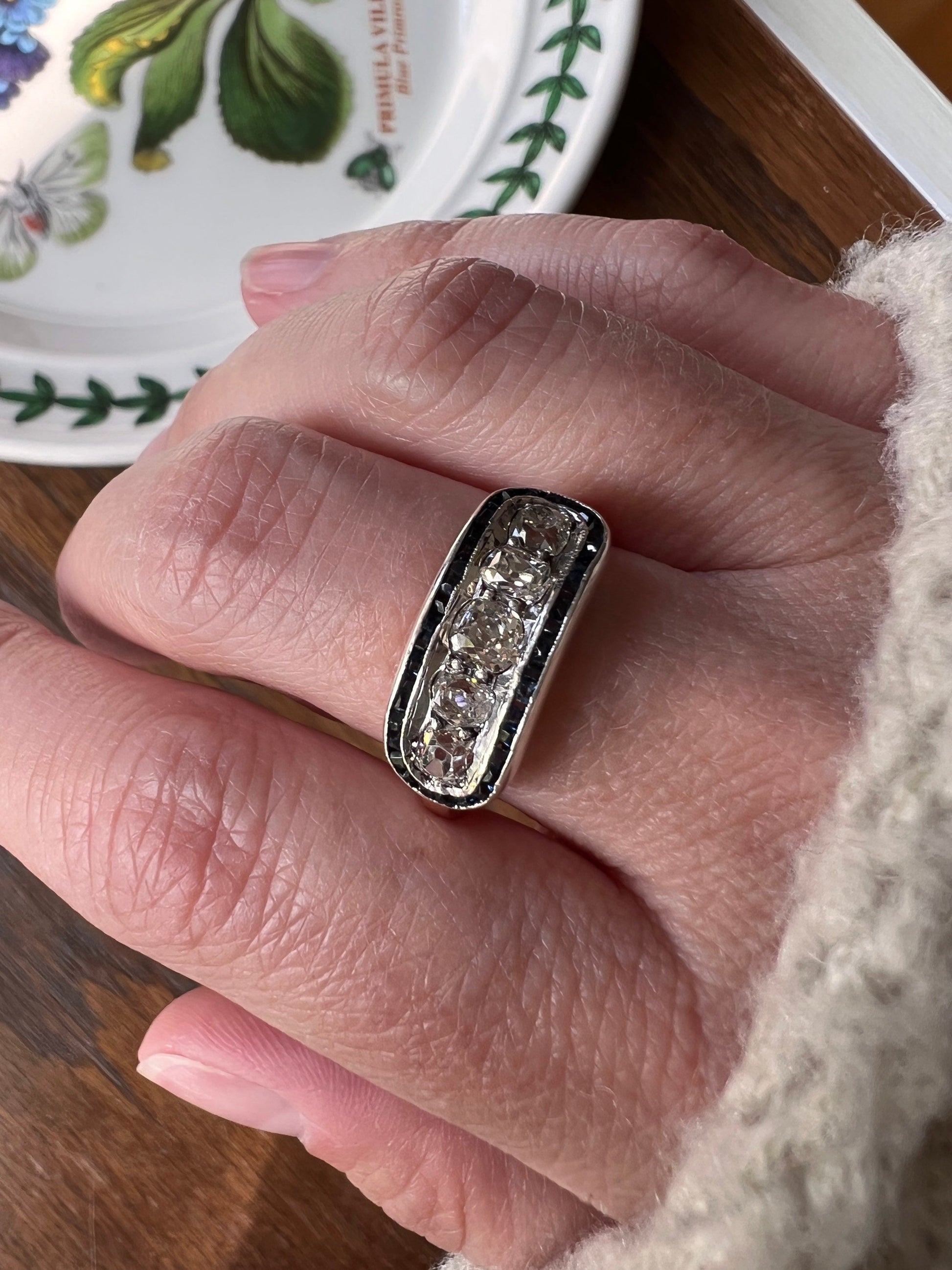 Antique One CARAT Old Mine Cut DiAMOND Five Stone Sapphire East West HALO Ring Carre Square Cut Stacker Band 14k Gold