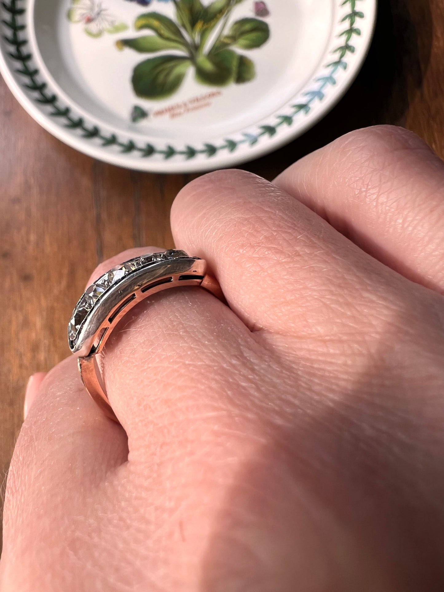 Antique One CARAT Old Mine Cut DiAMOND Five Stone Sapphire East West HALO Ring Carre Square Cut Stacker Band 14k Gold