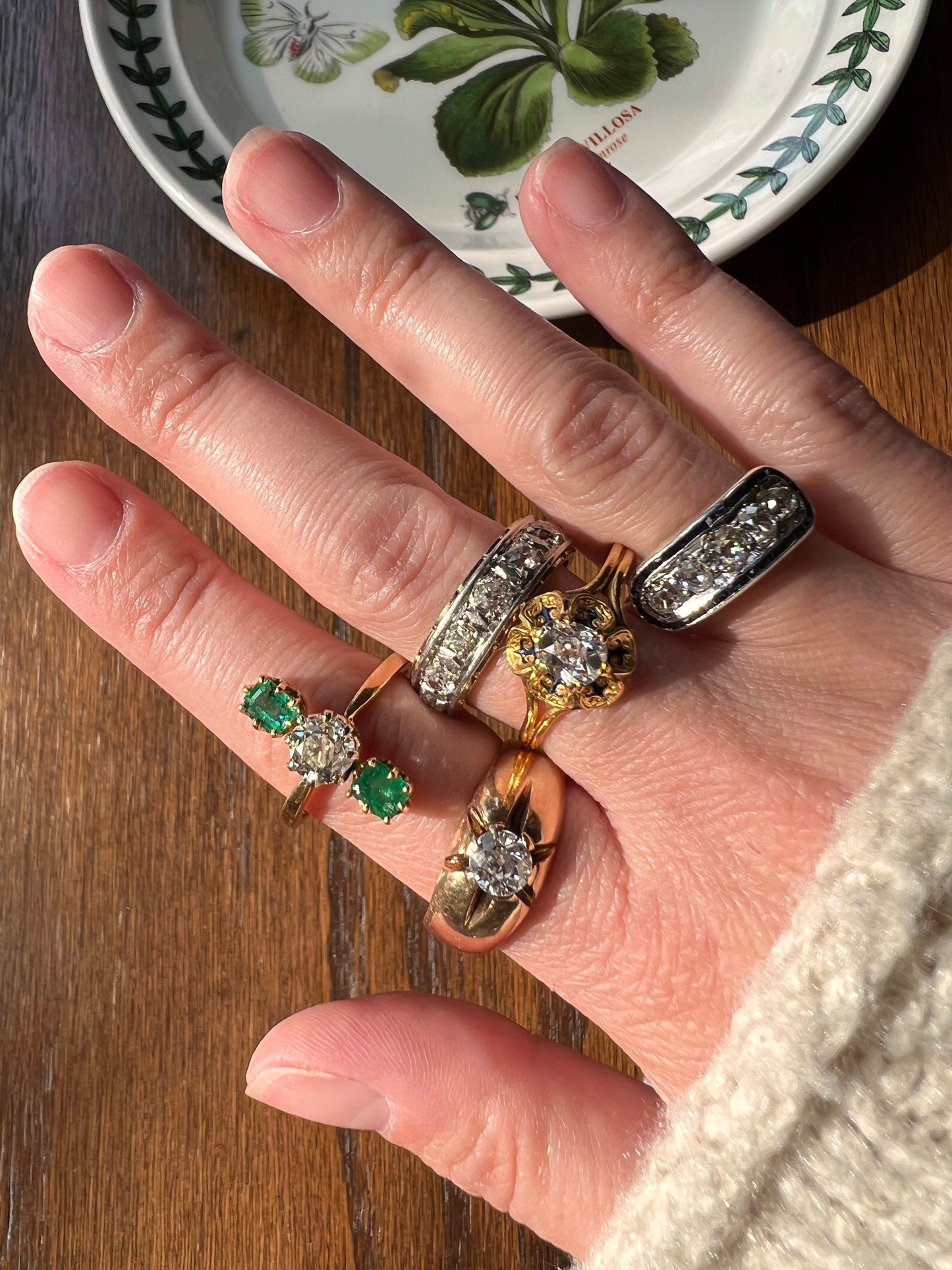 Antique One CARAT Old Mine Cut DiAMOND Five Stone Sapphire East West HALO Ring Carre Square Cut Stacker Band 14k Gold