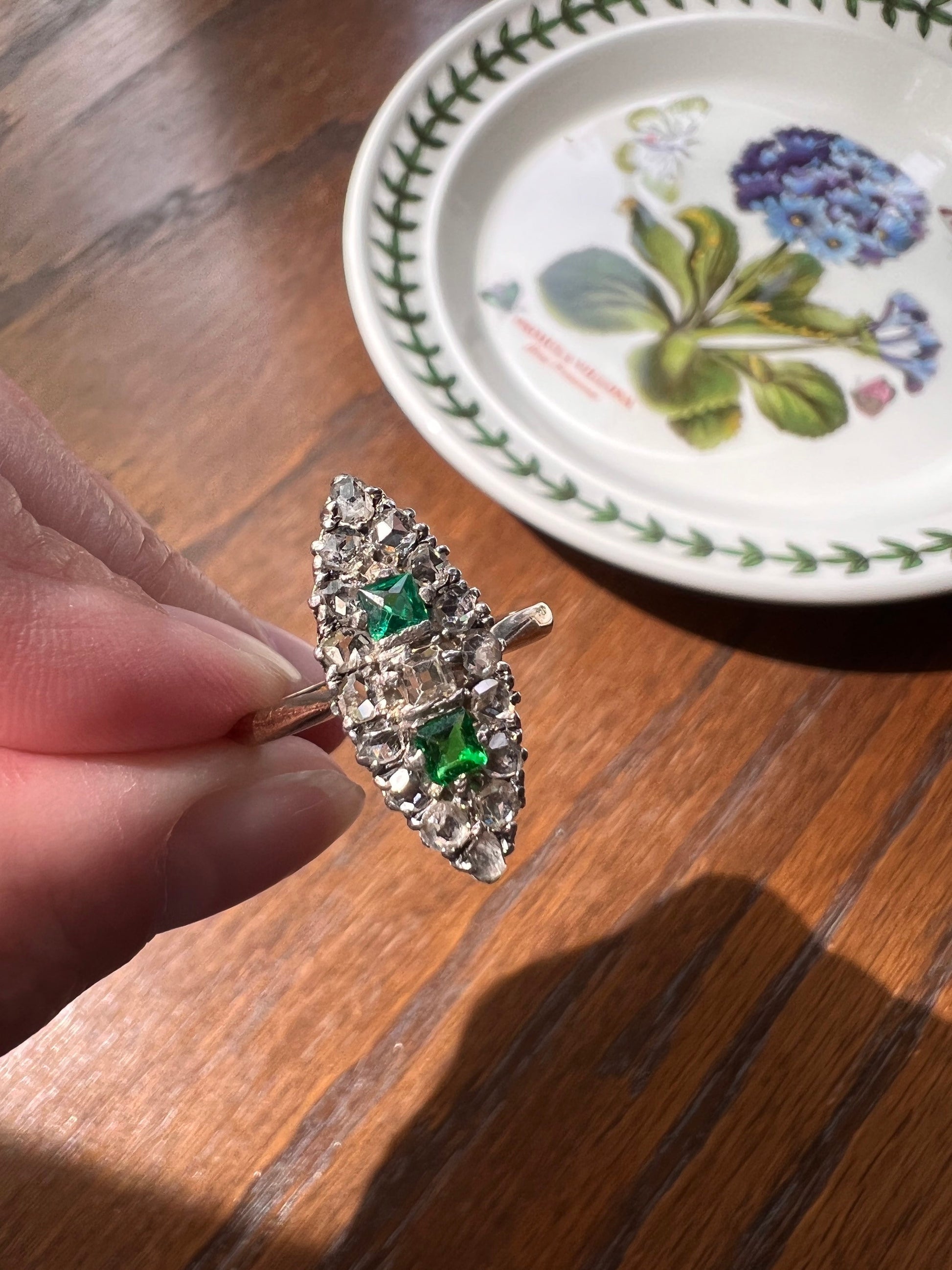 French Table Cut DIAMOND Green EMERALD 16 Rose Cut Diamond Navette Ring 18k Gold & PLATiNUM Antique Art Deco Romantic Gift Belle Epoque XL