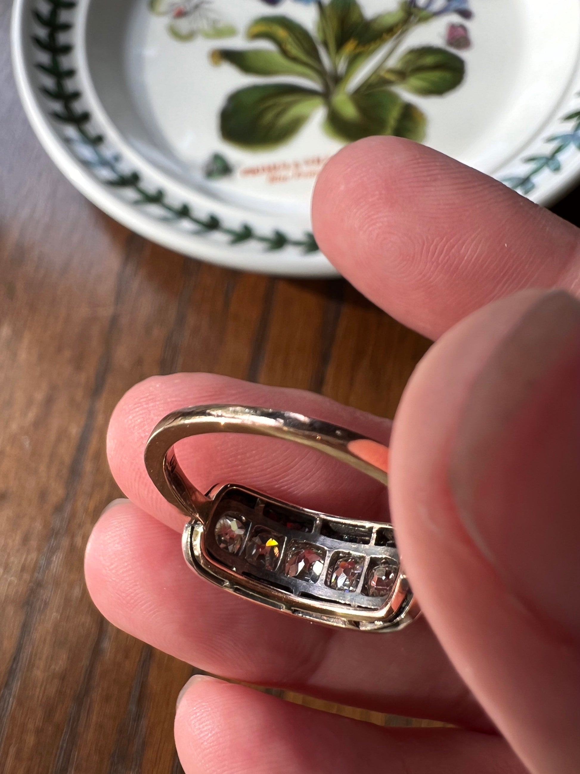 Antique One CARAT Old Mine Cut DiAMOND Five Stone Sapphire East West HALO Ring Carre Square Cut Stacker Band 14k Gold