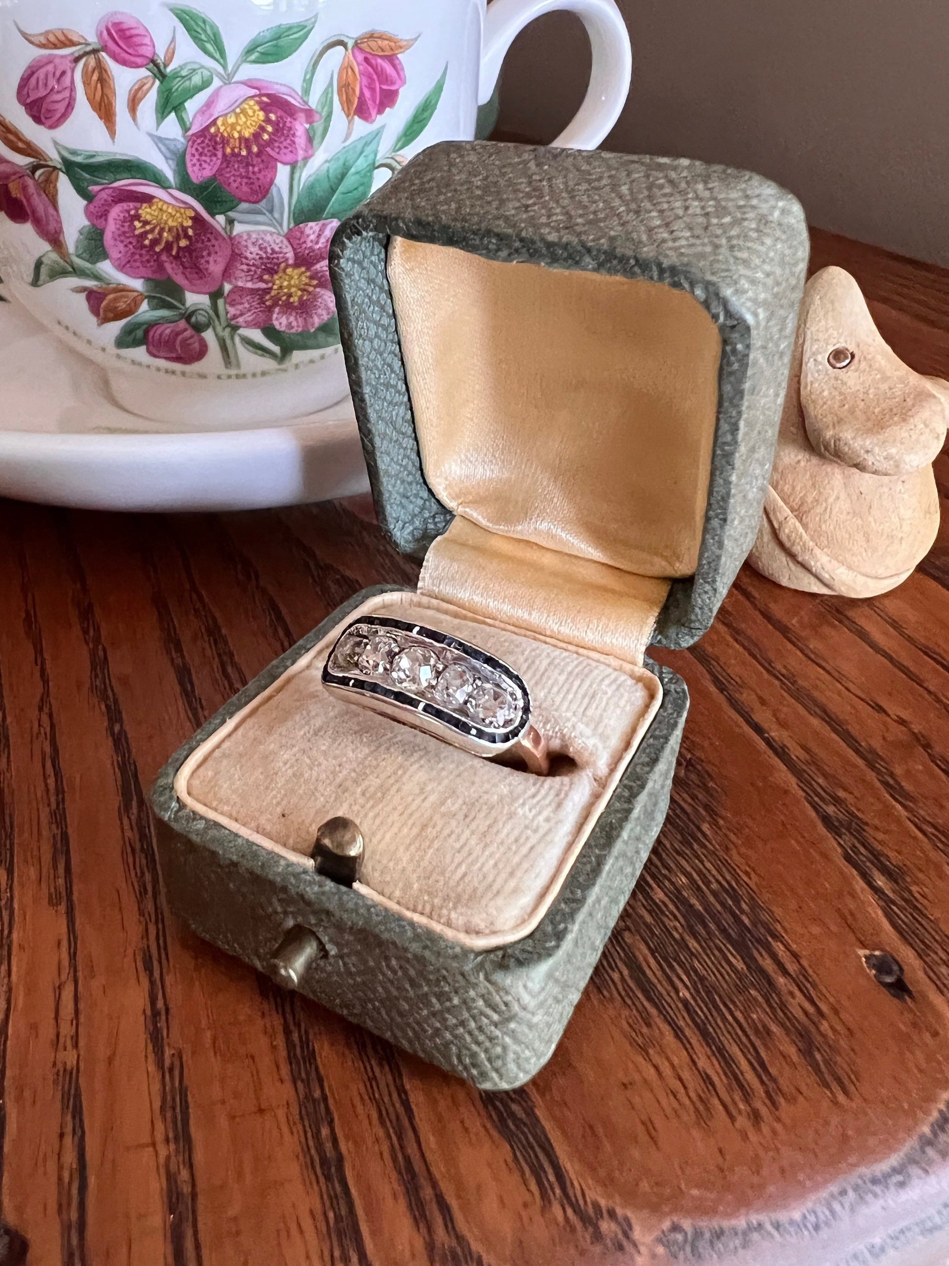 Antique One CARAT Old Mine Cut DiAMOND Five Stone Sapphire East West HALO Ring Carre Square Cut Stacker Band 14k Gold