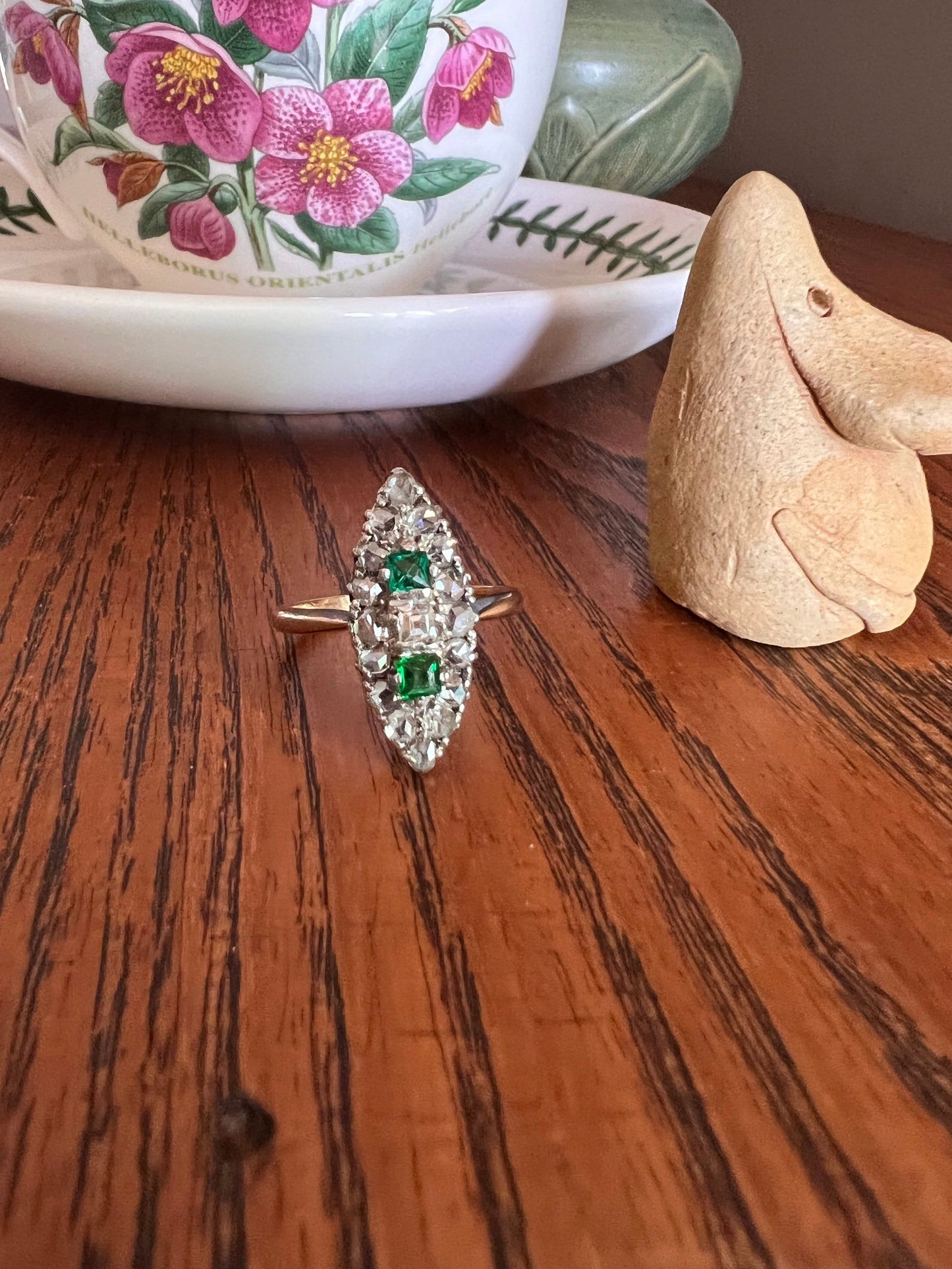 French Table Cut DIAMOND Green EMERALD 16 Rose Cut Diamond Navette Ring 18k Gold & PLATiNUM Antique Art Deco Romantic Gift Belle Epoque XL