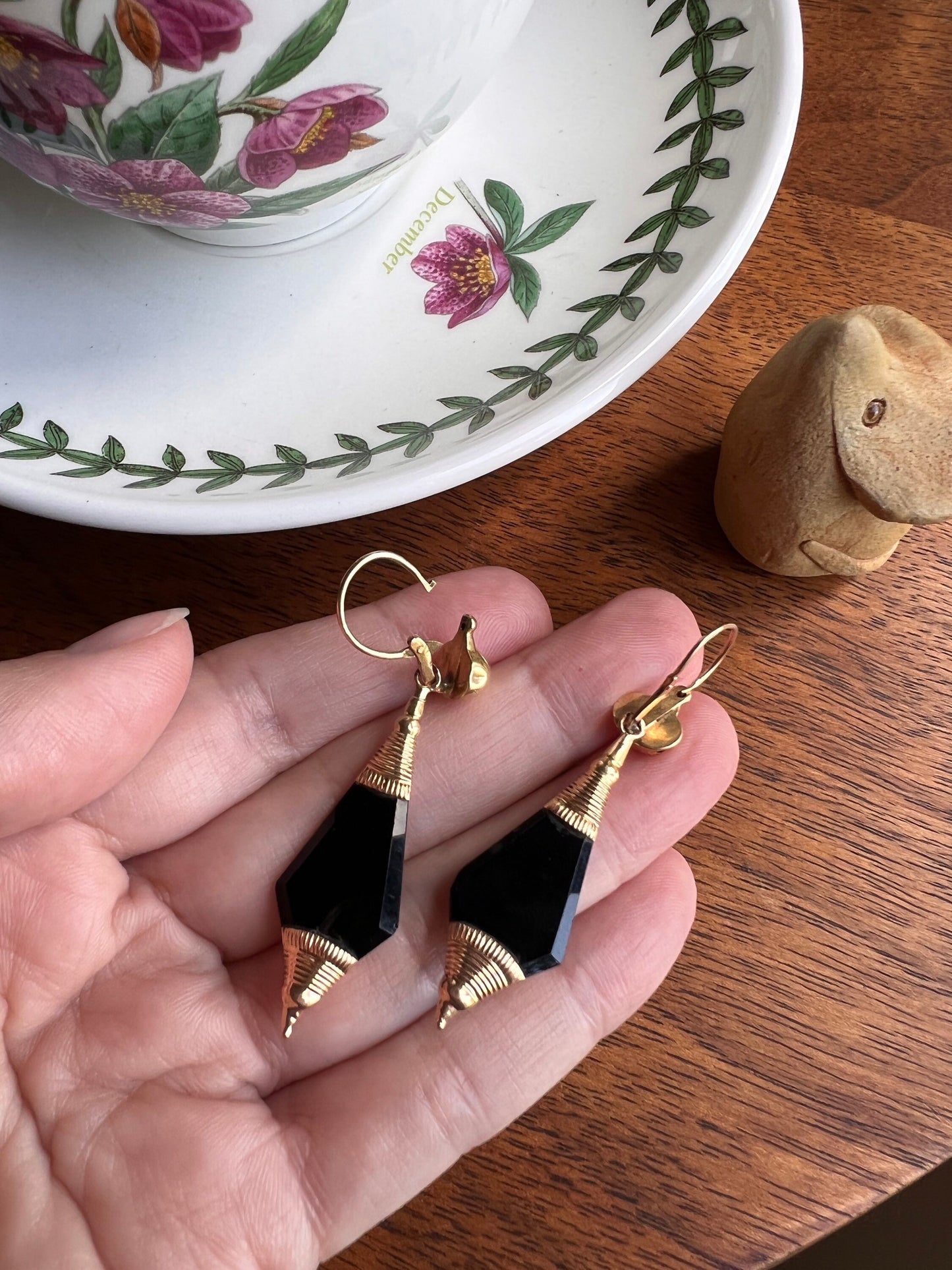 French VICTORIAN Antique 18k Gold Day to Night Dangle EARRINGS Etruscan Black Onyx Jet ? Dormeuse Gift Mourning Geometric Diamond Teardrop