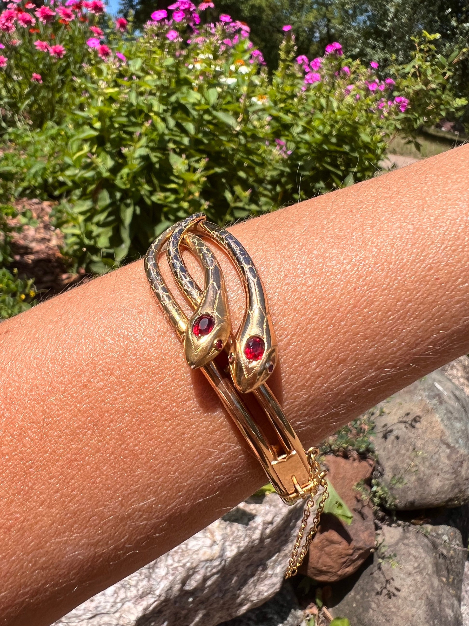 Double SNAKE French ANTiQUE 20g 18k GOLD Bangle Bracelet Red Garnet & RUBY Eyes ViCTORIAN Belle Epoque Coiled Wriststack Gift Art Nouveau