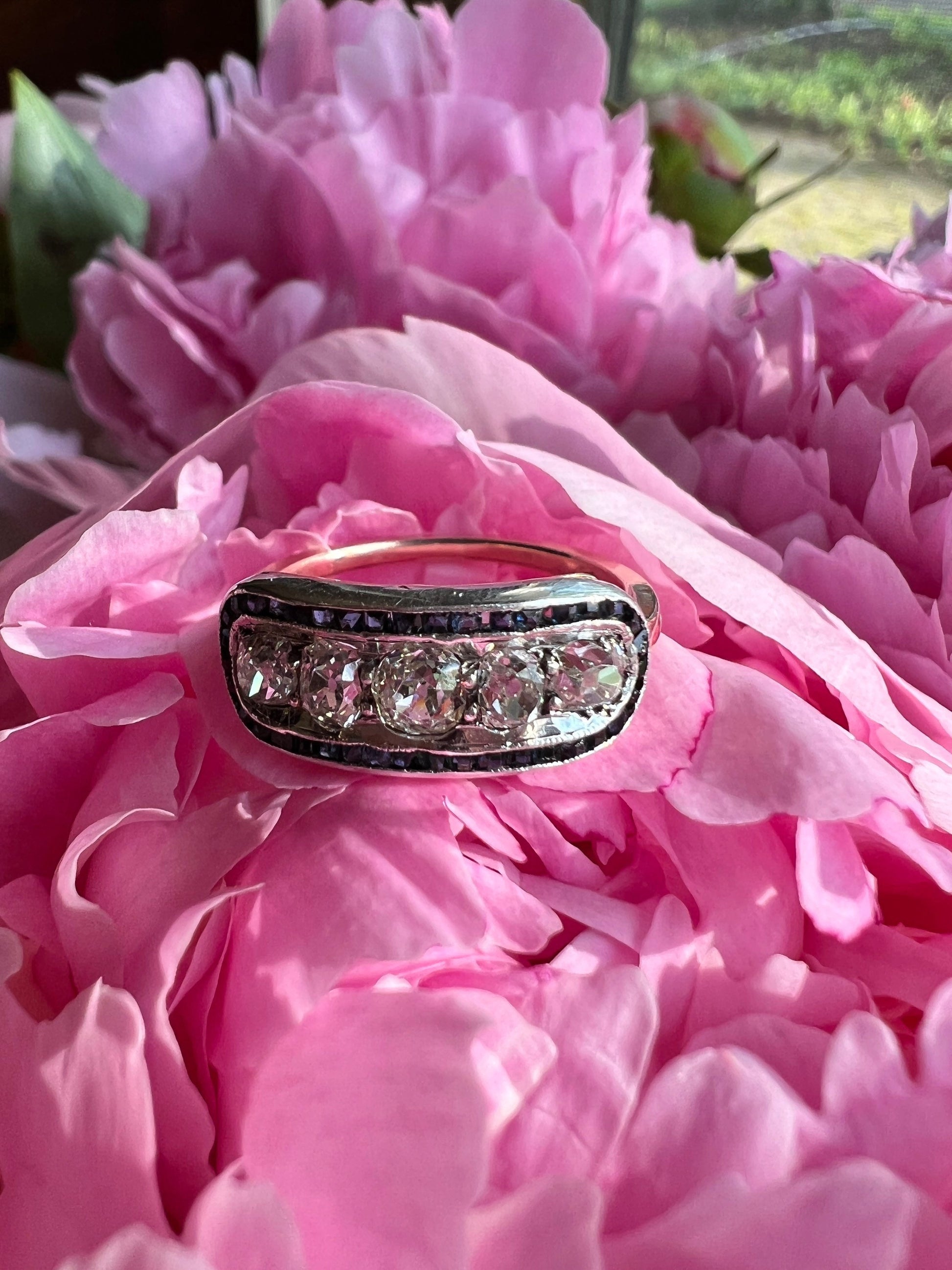 Antique One CARAT Old Mine Cut DiAMOND Five Stone Sapphire East West HALO Ring Carre Square Cut Stacker Band 14k Gold