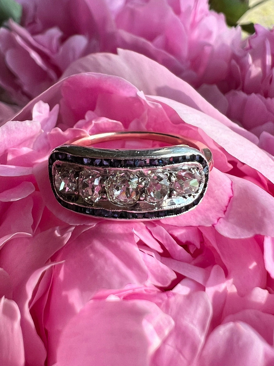 Antique One CARAT Old Mine Cut DiAMOND Five Stone Sapphire East West HALO Ring Carre Square Cut Stacker Band 14k Gold