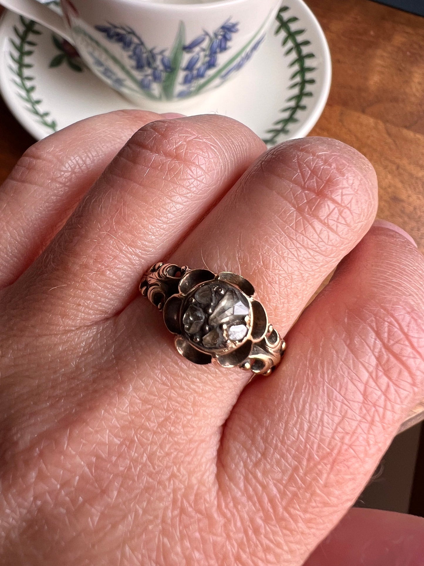 RARE 1700s Chiffre Triangle Rose Cut DIAMOND Ring French ANTiQUE Cobblestone Cluster Buttercup 18k Gold Fleur de Lis Victorian Band
