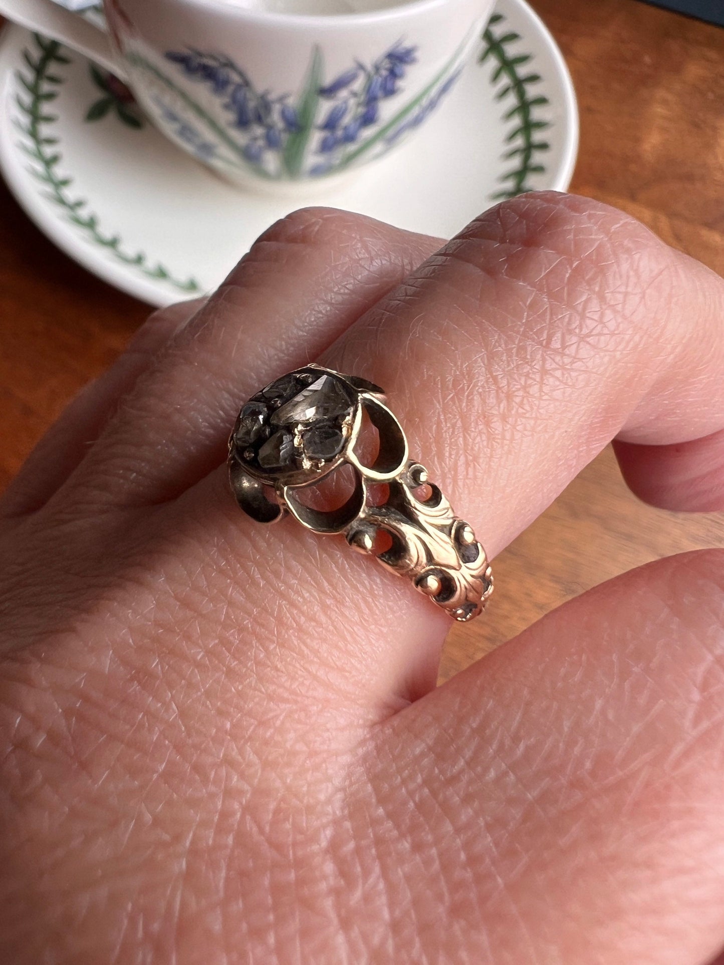 RARE 1700s Chiffre Triangle Rose Cut DIAMOND Ring French ANTiQUE Cobblestone Cluster Buttercup 18k Gold Fleur de Lis Victorian Band