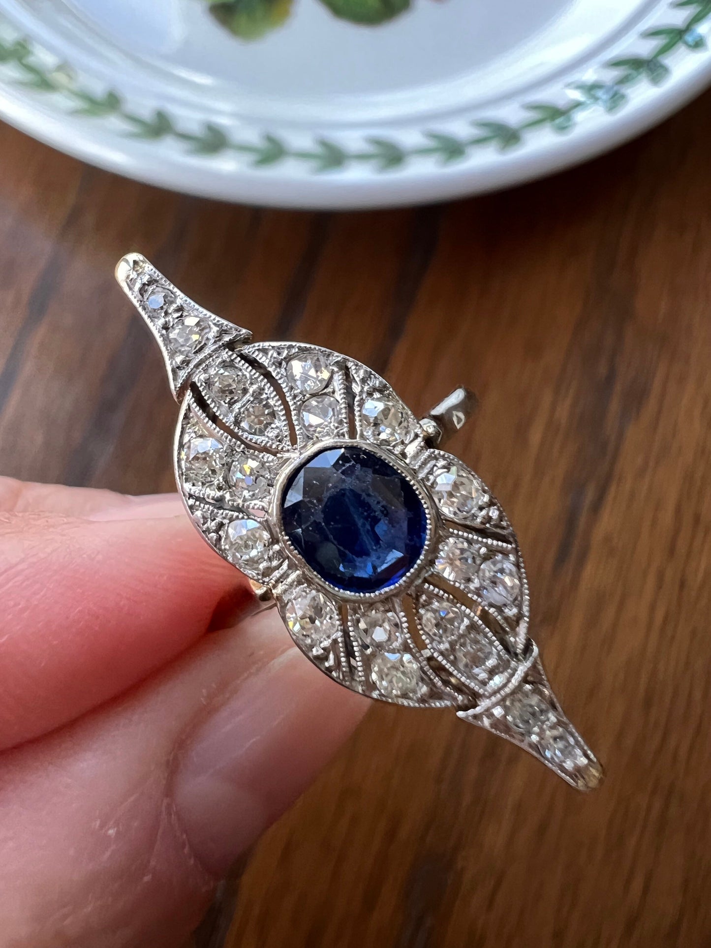 LARGE Antique SAPPHIRE 20 Old Mine Rose Cut DIAMONDS 18k White Gold Statement Ring SWiRL Unique Gift Belle Epoque Dramatic Cocktail 1.25Inch