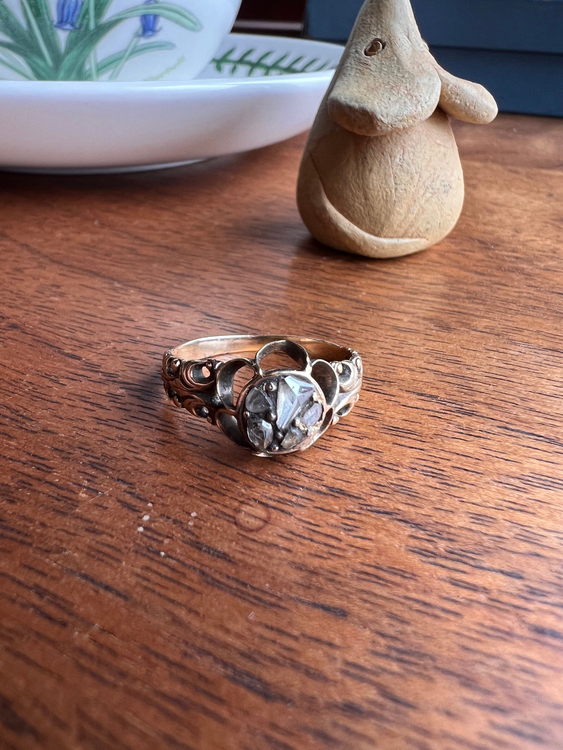 RARE 1700s Chiffre Triangle Rose Cut DIAMOND Ring French ANTiQUE Cobblestone Cluster Buttercup 18k Gold Fleur de Lis Victorian Band