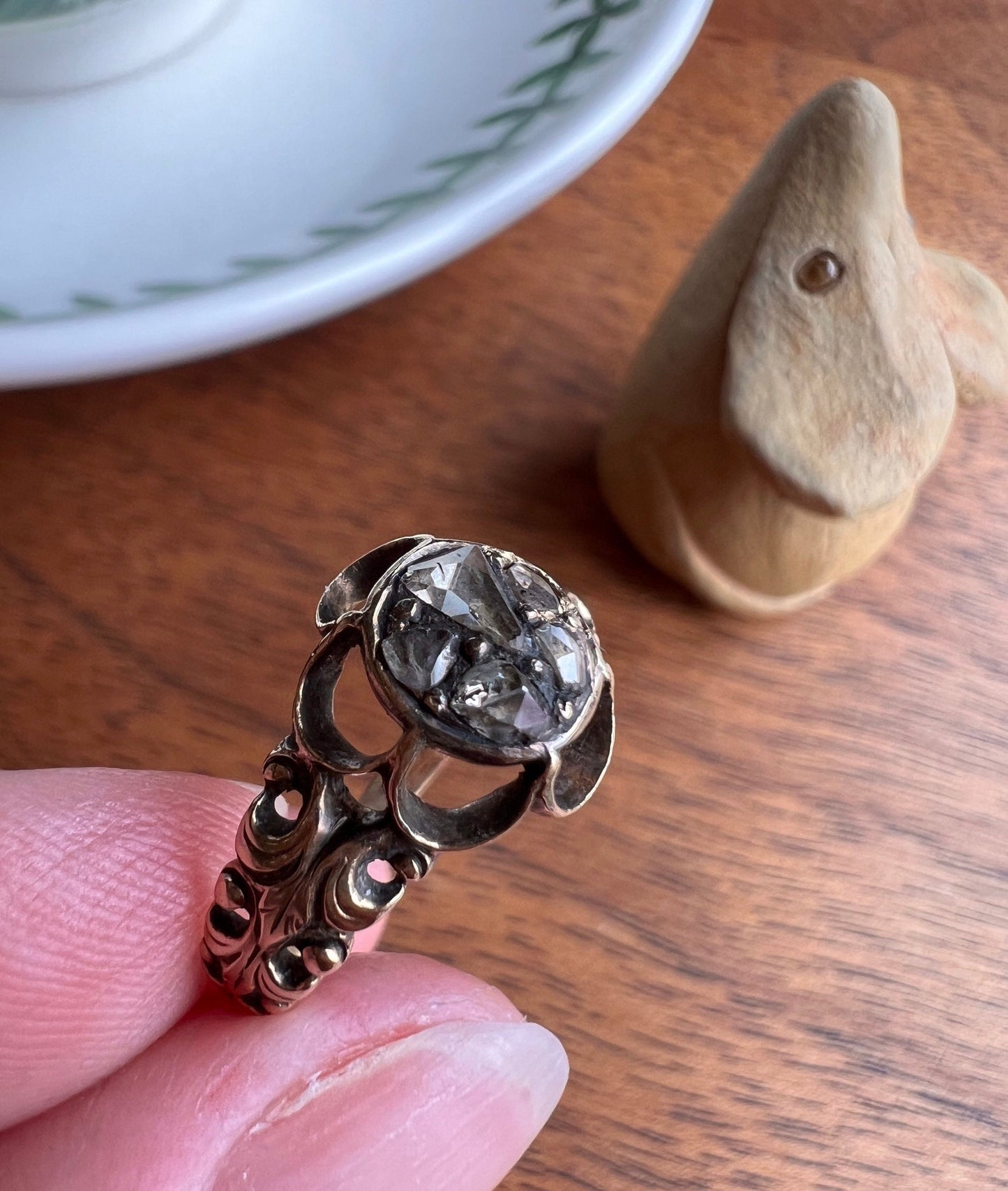 RARE 1700s Chiffre Triangle Rose Cut DIAMOND Ring French ANTiQUE Cobblestone Cluster Buttercup 18k Gold Fleur de Lis Victorian Band