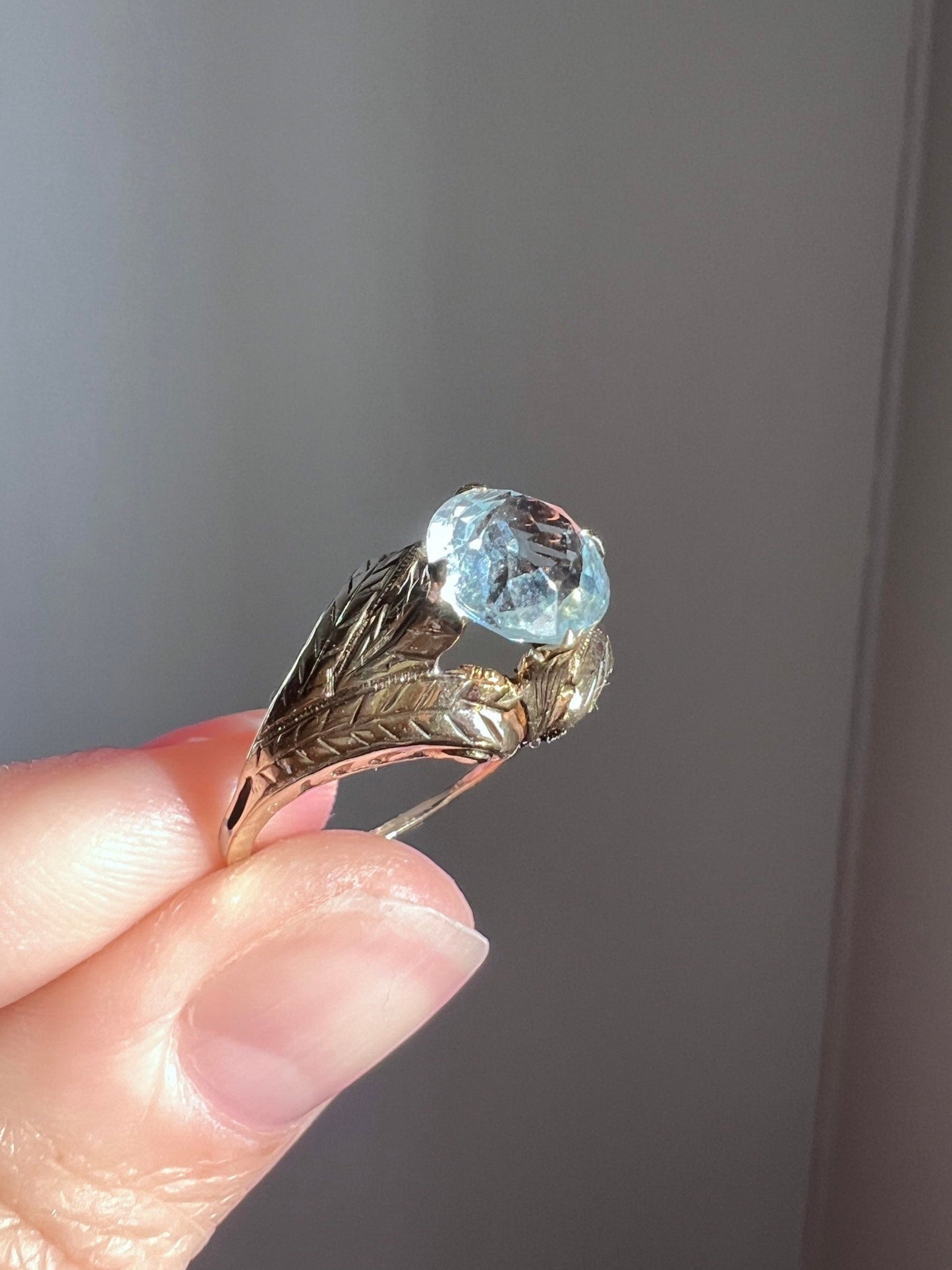 Feather Scrolls Antique AQUAMARINE Tall Solitaire Ring 14k Gold 1.75Ct Large Stacker Alt Engagement Icy Pale Blue Edwardian Art Deco Nouveau