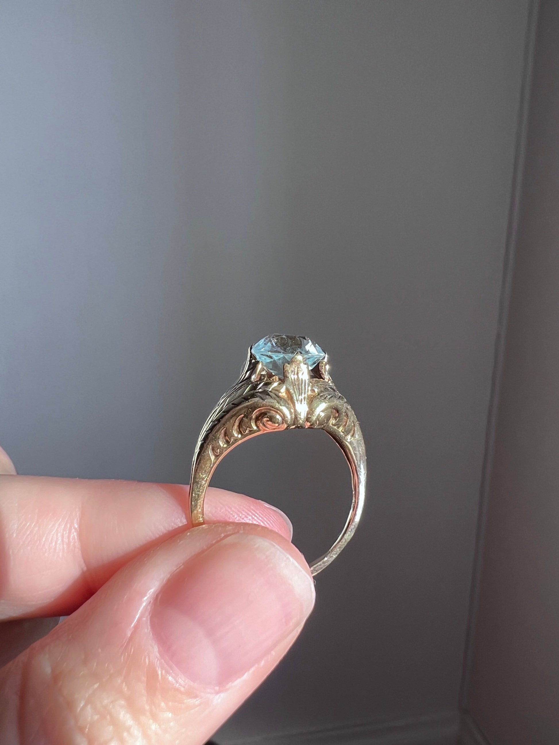 Feather Scrolls Antique AQUAMARINE Tall Solitaire Ring 14k Gold 1.75Ct Large Stacker Alt Engagement Icy Pale Blue Edwardian Art Deco Nouveau