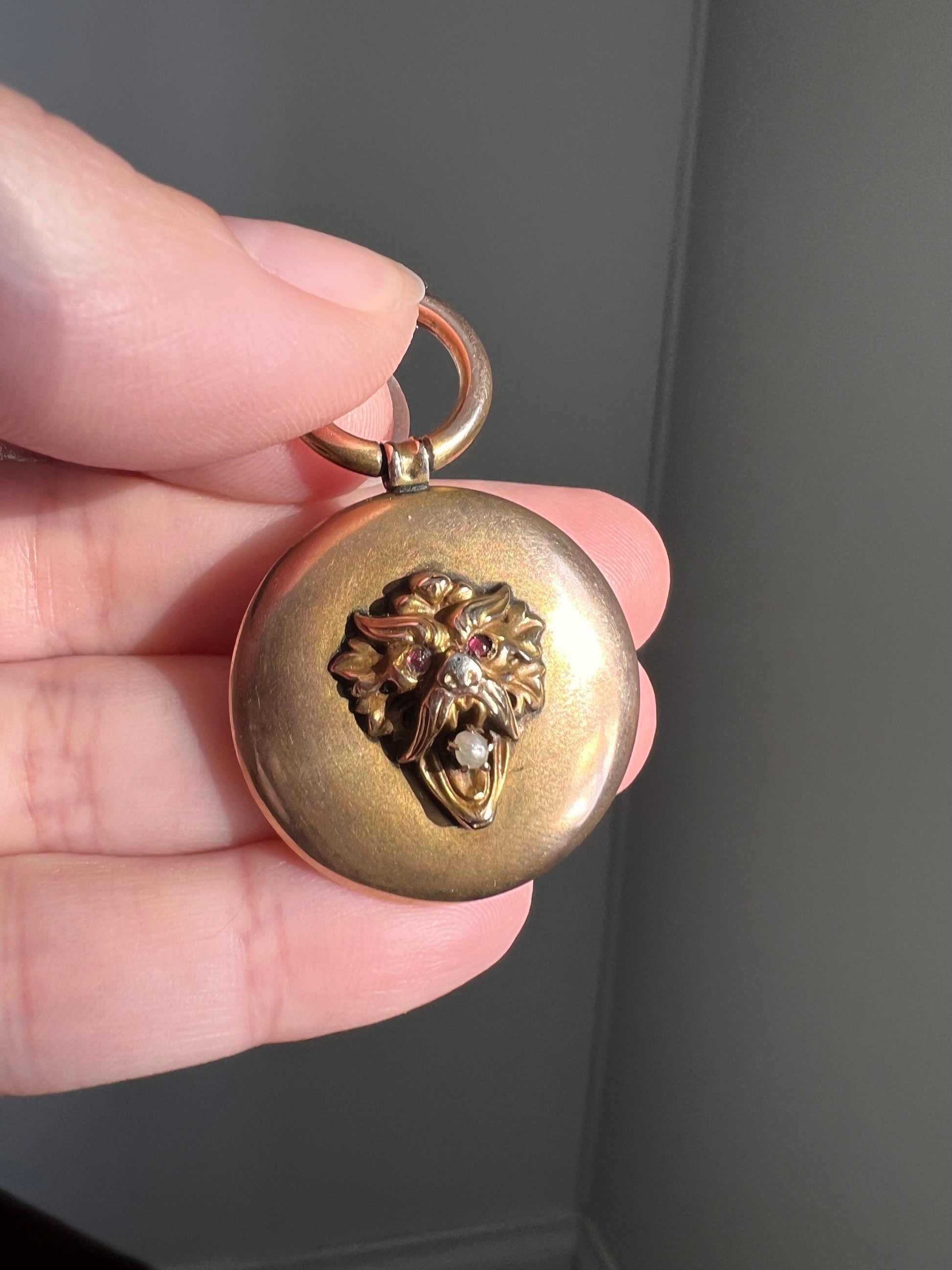 GARGOYLE Lion Victorian ANTIQUE 10k Gold Pearl Ruby Eyes Pendant Medallion Charm Figural 3D Face Mask Satyr Green Man North Wind Engraved